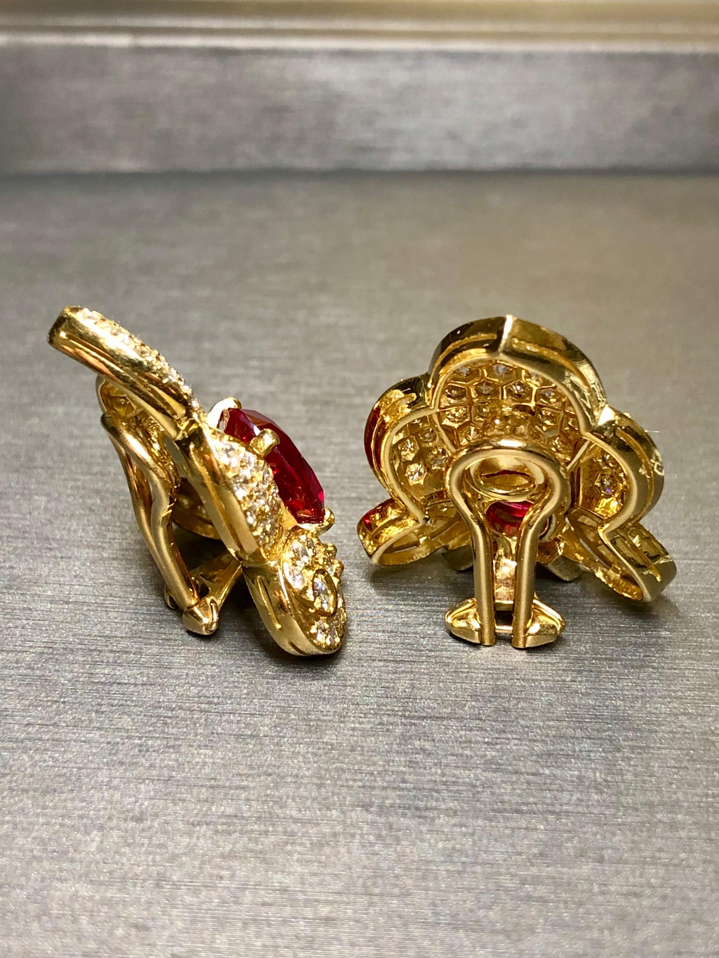 Oval Cut Estate 18K Diamond Oval Ruby Ear Clips 15.50cttw G Vs Omega Back Huggie Earrings For Sale