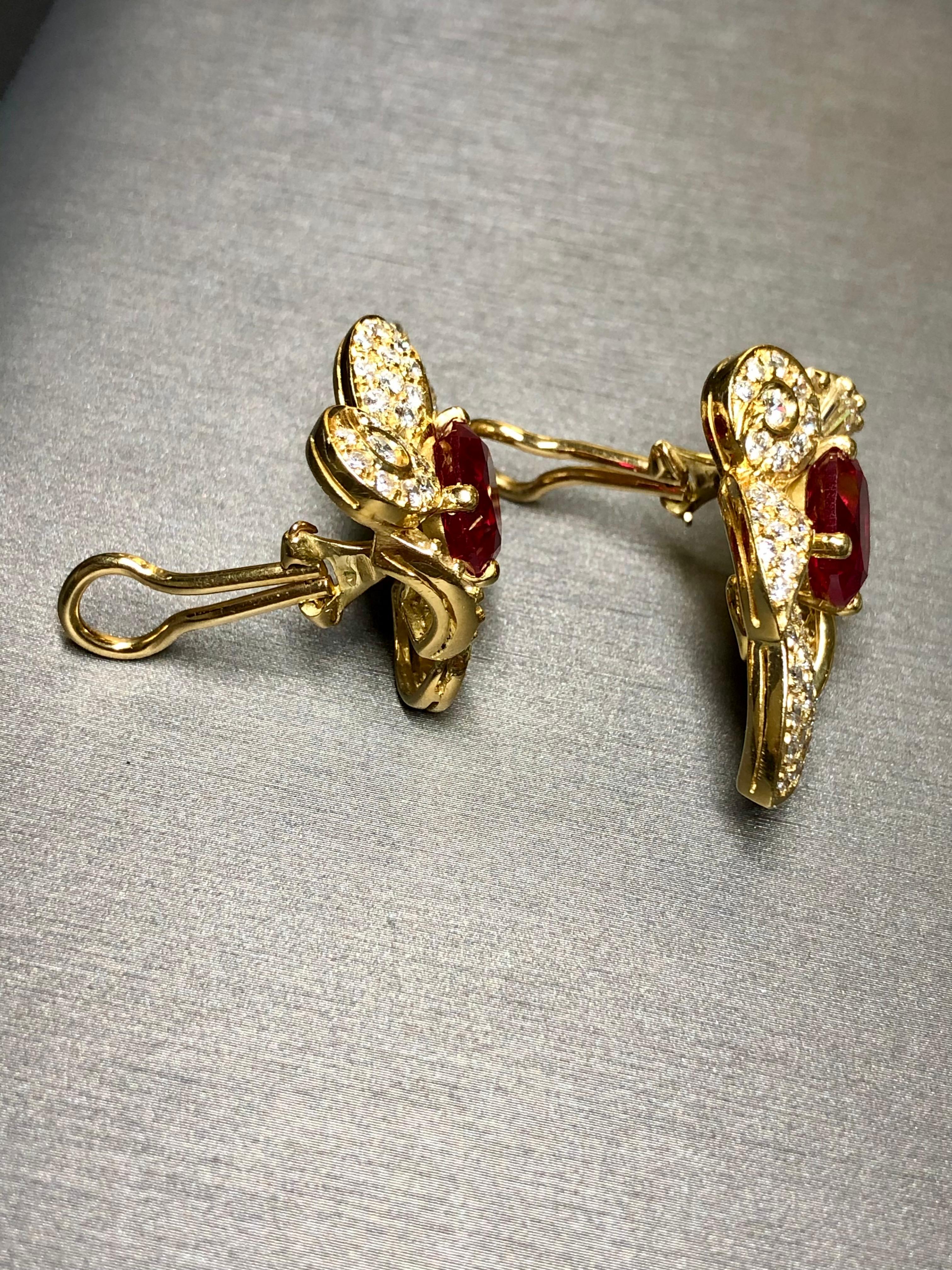 Women's or Men's Estate 18K Diamond Oval Ruby Ear Clips 15.50cttw G Vs Omega Back Huggie Earrings For Sale