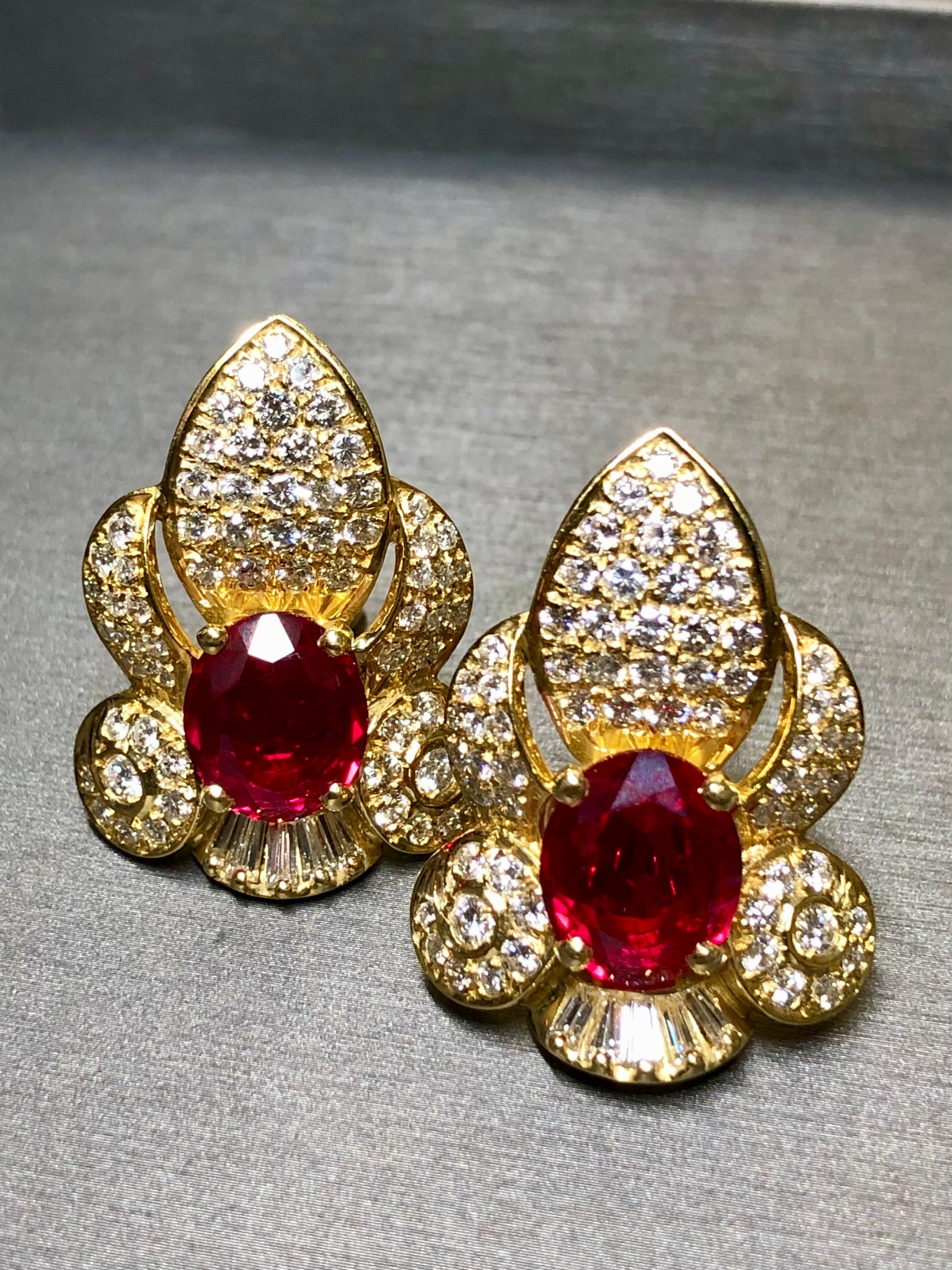 Estate 18K Diamond Oval Ruby Ear Clips 15.50cttw G Vs Omega Back Huggie Earrings For Sale 1