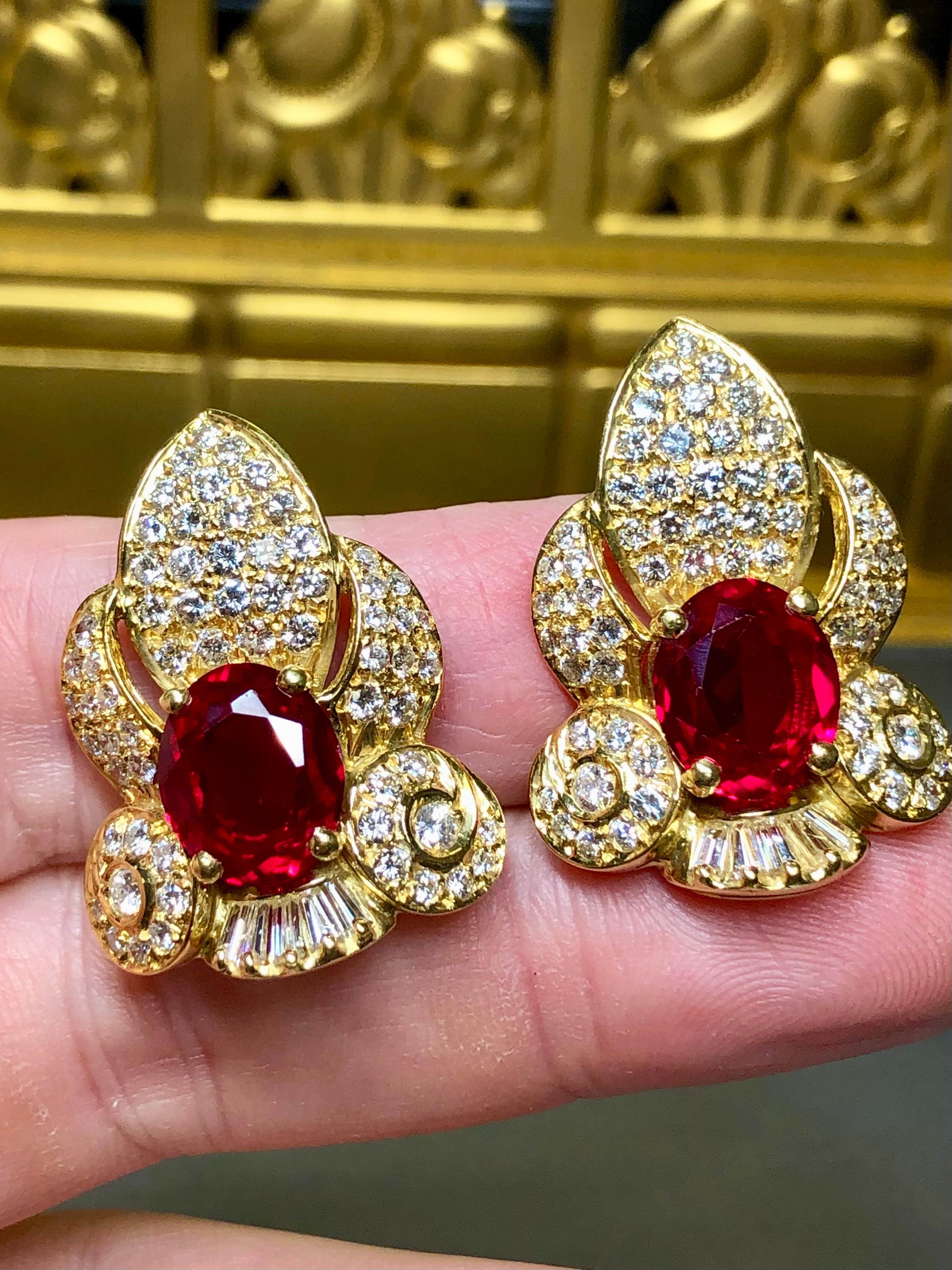 Estate 18K Diamond Oval Ruby Ear Clips 15.50cttw G Vs Omega Back Huggie Earrings For Sale 2