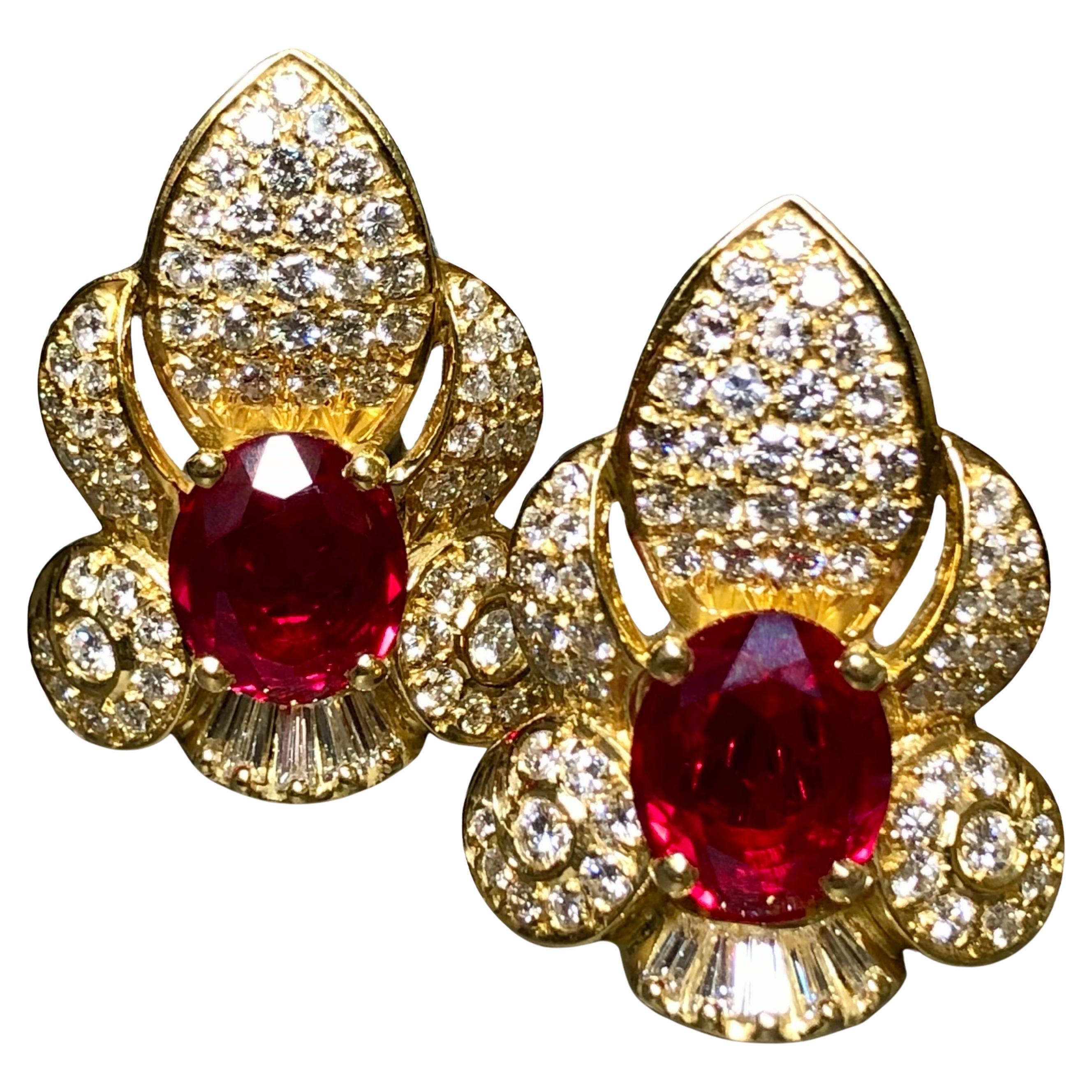 Estate 18K Diamond Oval Ruby Ear Clips 15.50cttw G Vs Omega Back Huggie Earrings