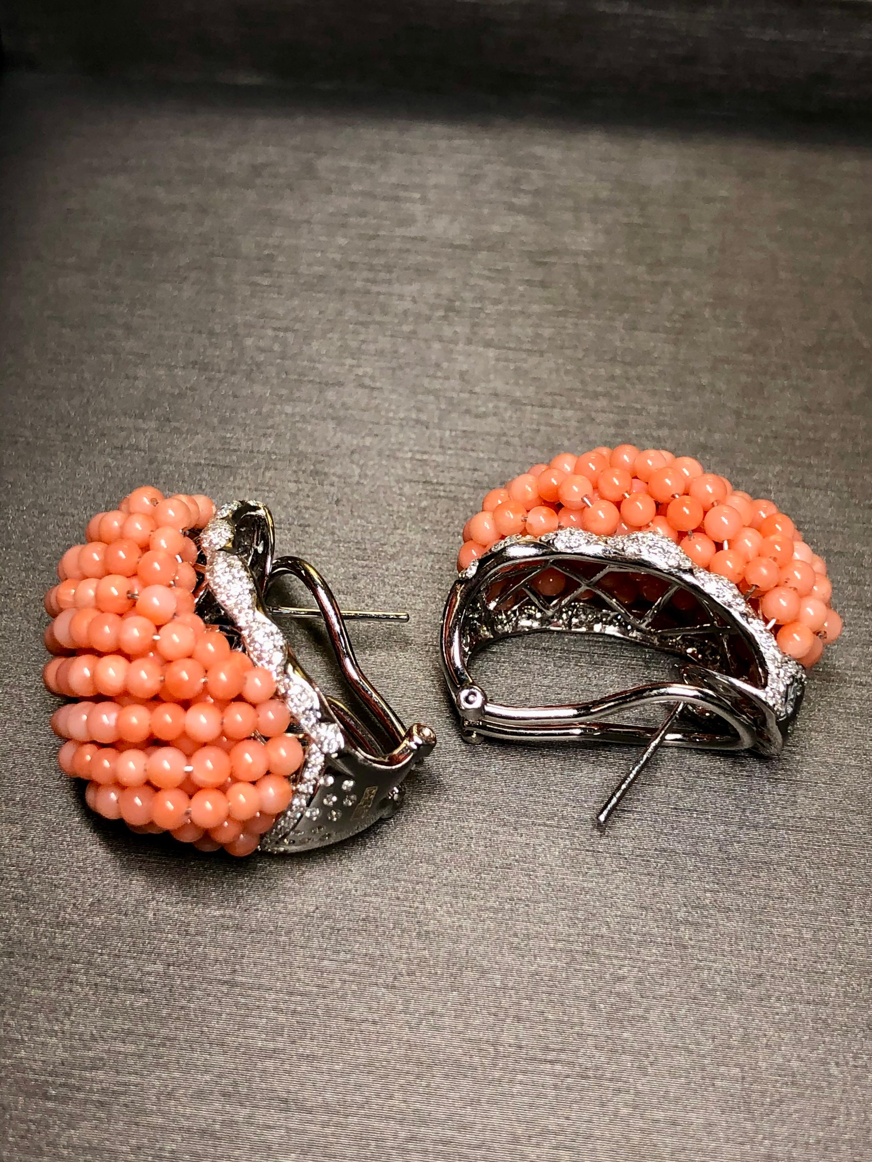 Contemporary Estate 18K Diamond Pink Coral Bead Large Huggie Shrimp Earrings Omega Backs For Sale