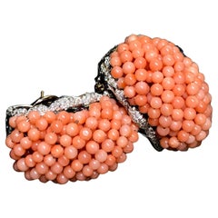 Estate 18K Diamond Pink Coral Bead Large Huggie Shrimp Earrings Omega Backs