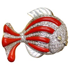 Estate 18K Diamond Red Enamel Mother of Pearl Pave Fish Pendant Necklace