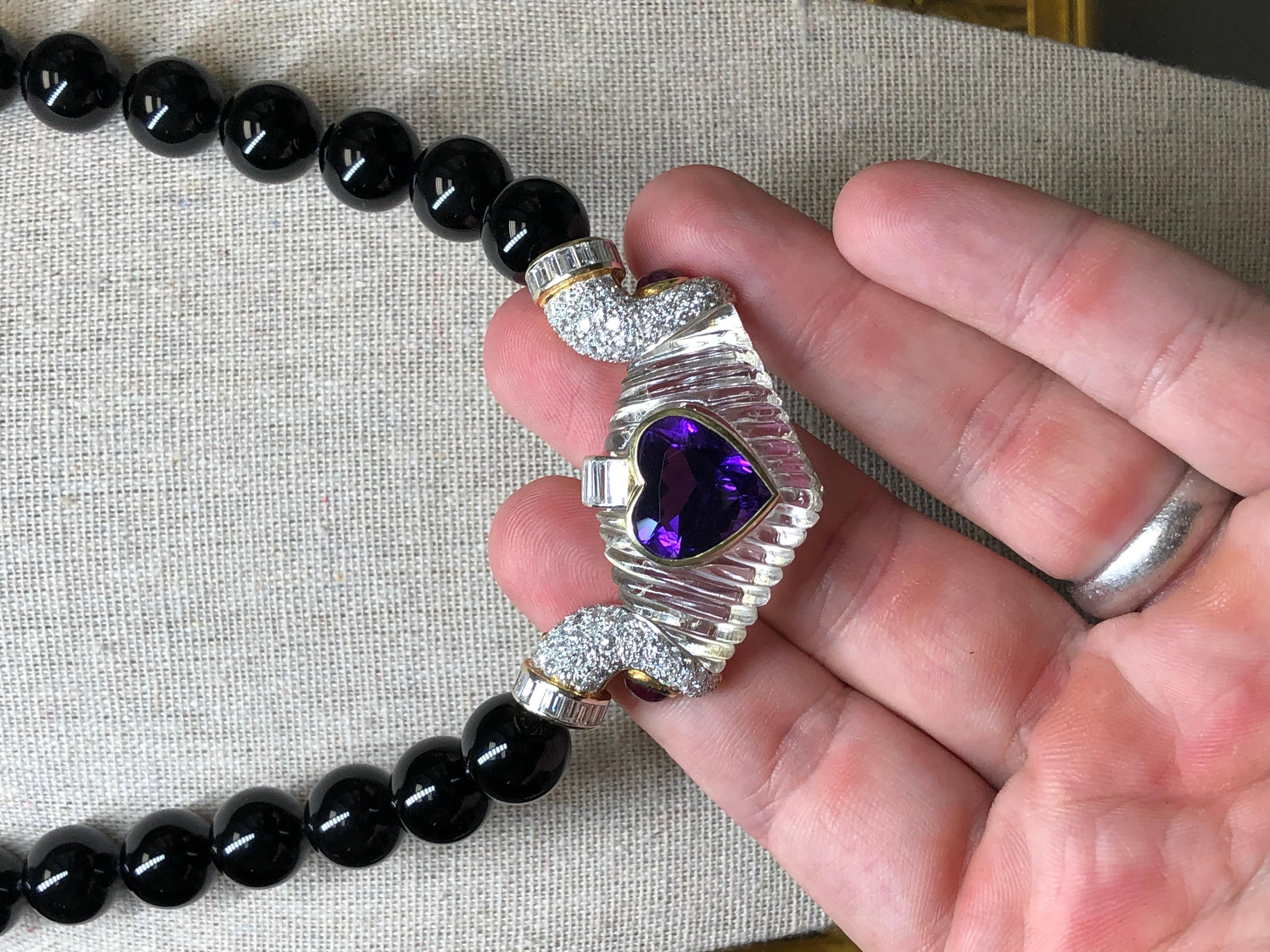Estate 18K Diamond Rock Crystal Ruby Amethyst Onyx Bead Necklace 19”  20.30cttw For Sale 4