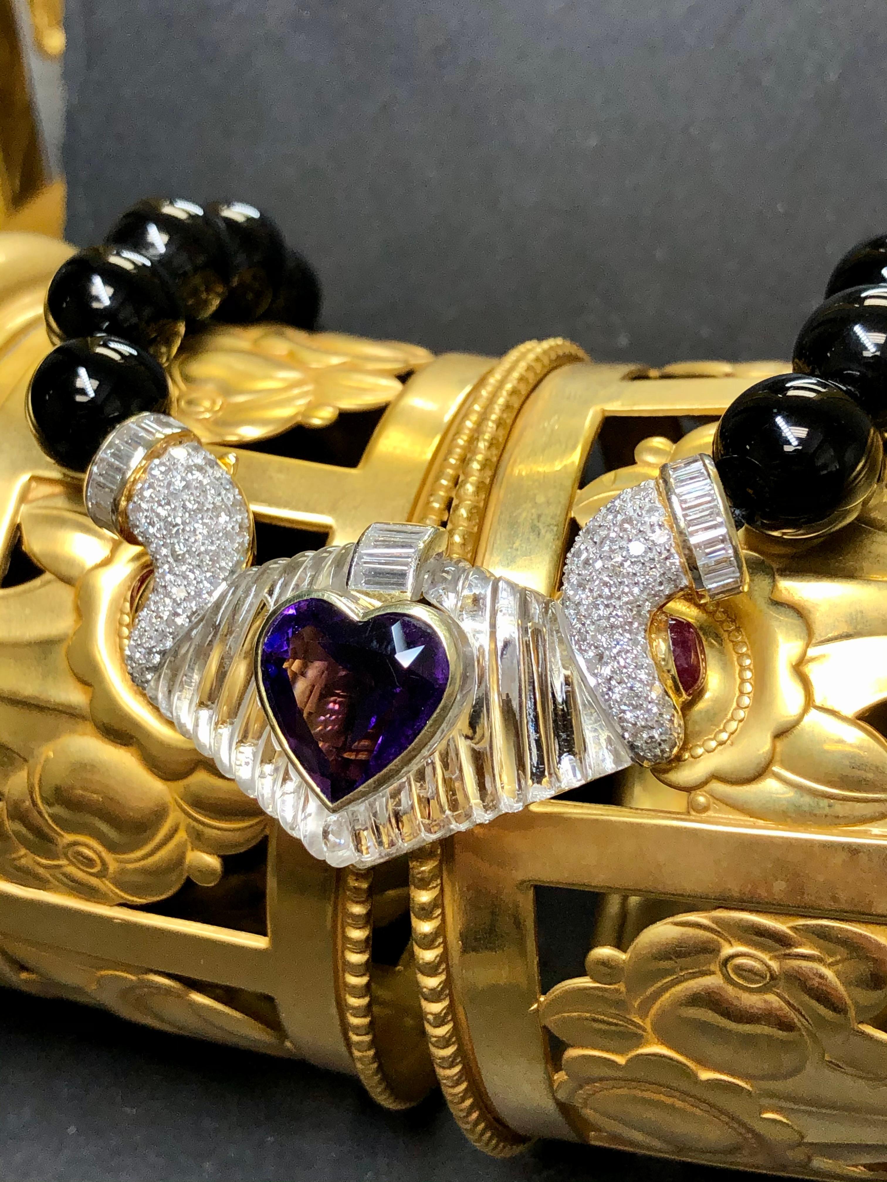 Contemporain Estate 18K Diamond Rock Crystal Ruby Amethyst Onyx Bead Necklace 19  20,30cttw en vente