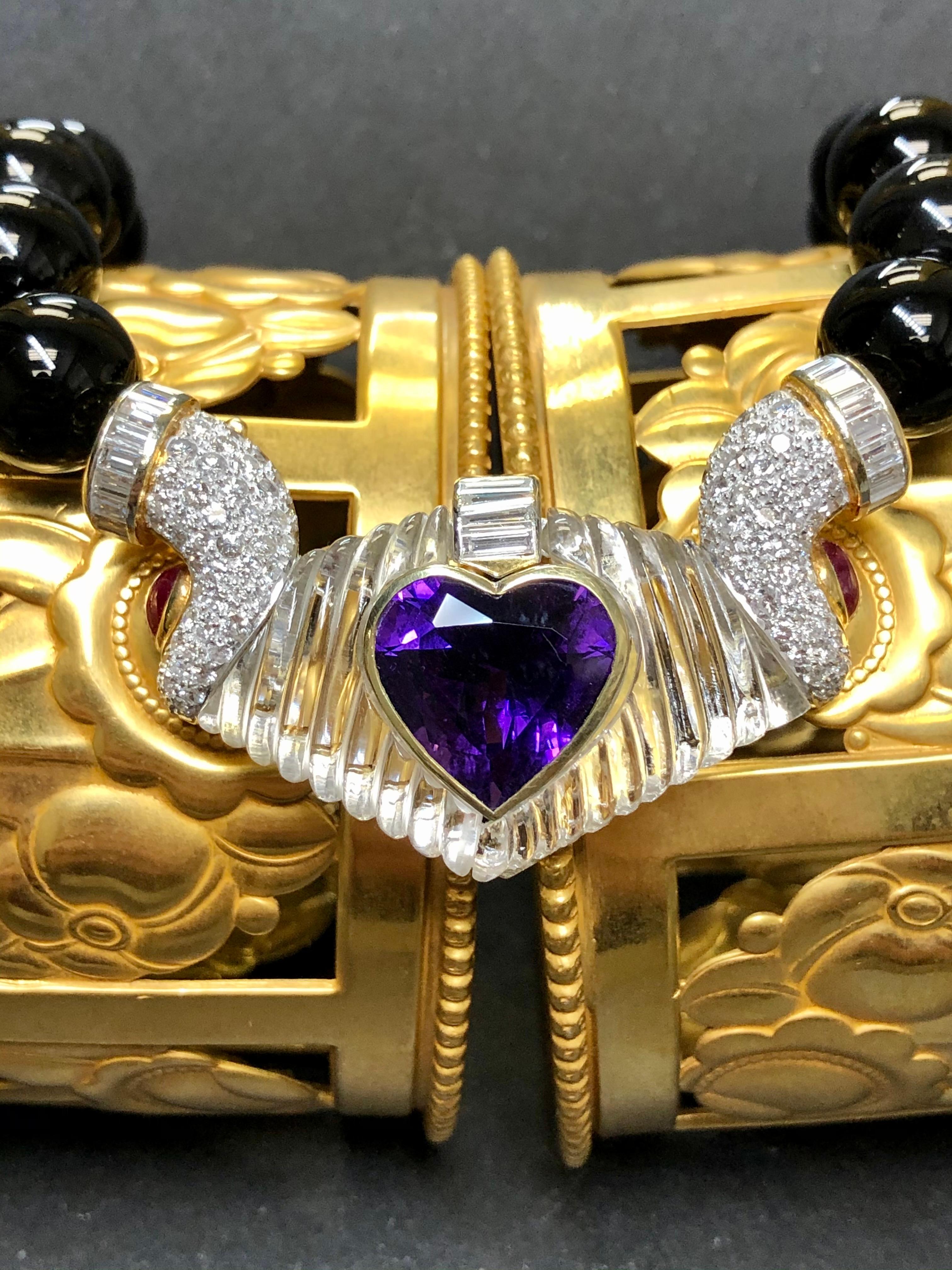 Heart Cut Estate 18K Diamond Rock Crystal Ruby Amethyst Onyx Bead Necklace 19”  20.30cttw For Sale