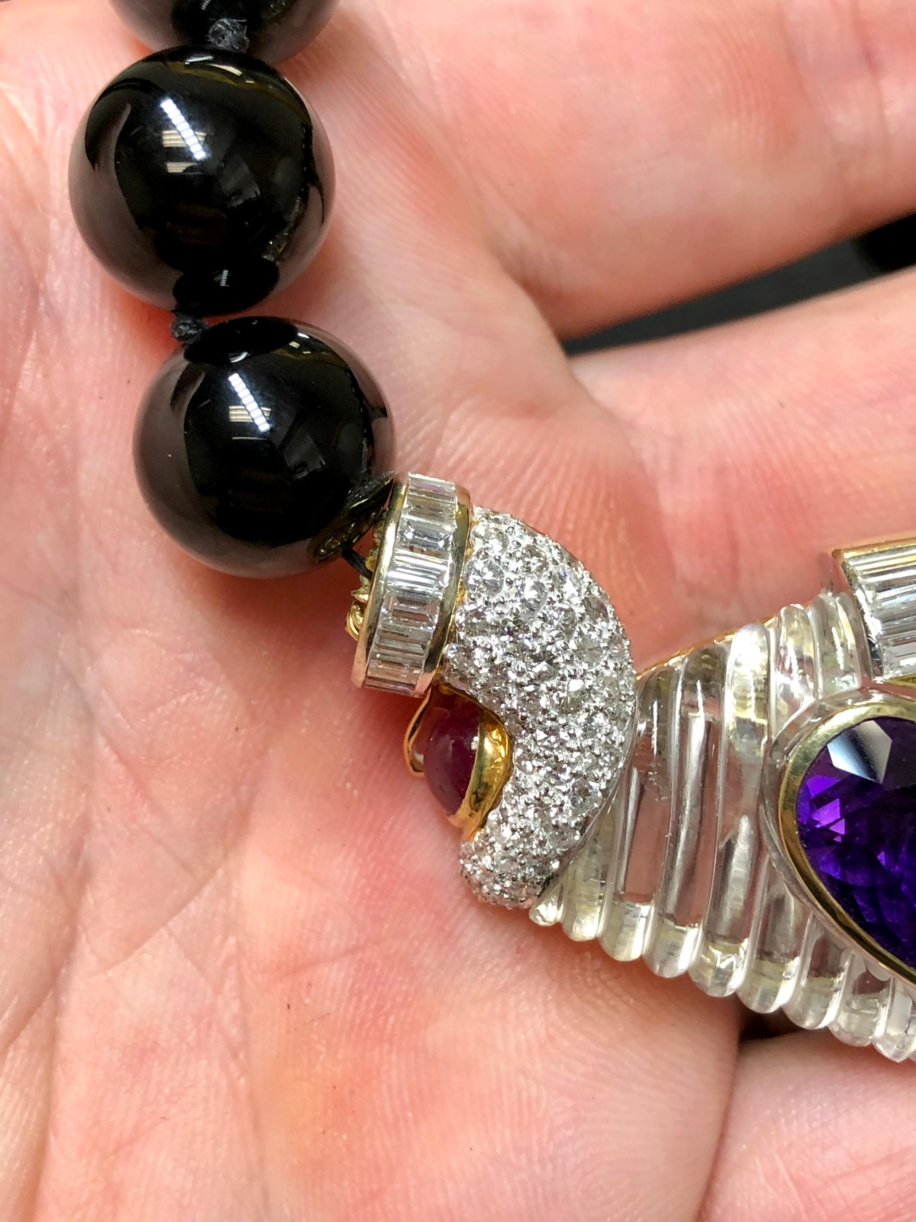 Women's Estate 18K Diamond Rock Crystal Ruby Amethyst Onyx Bead Necklace 19”  20.30cttw For Sale