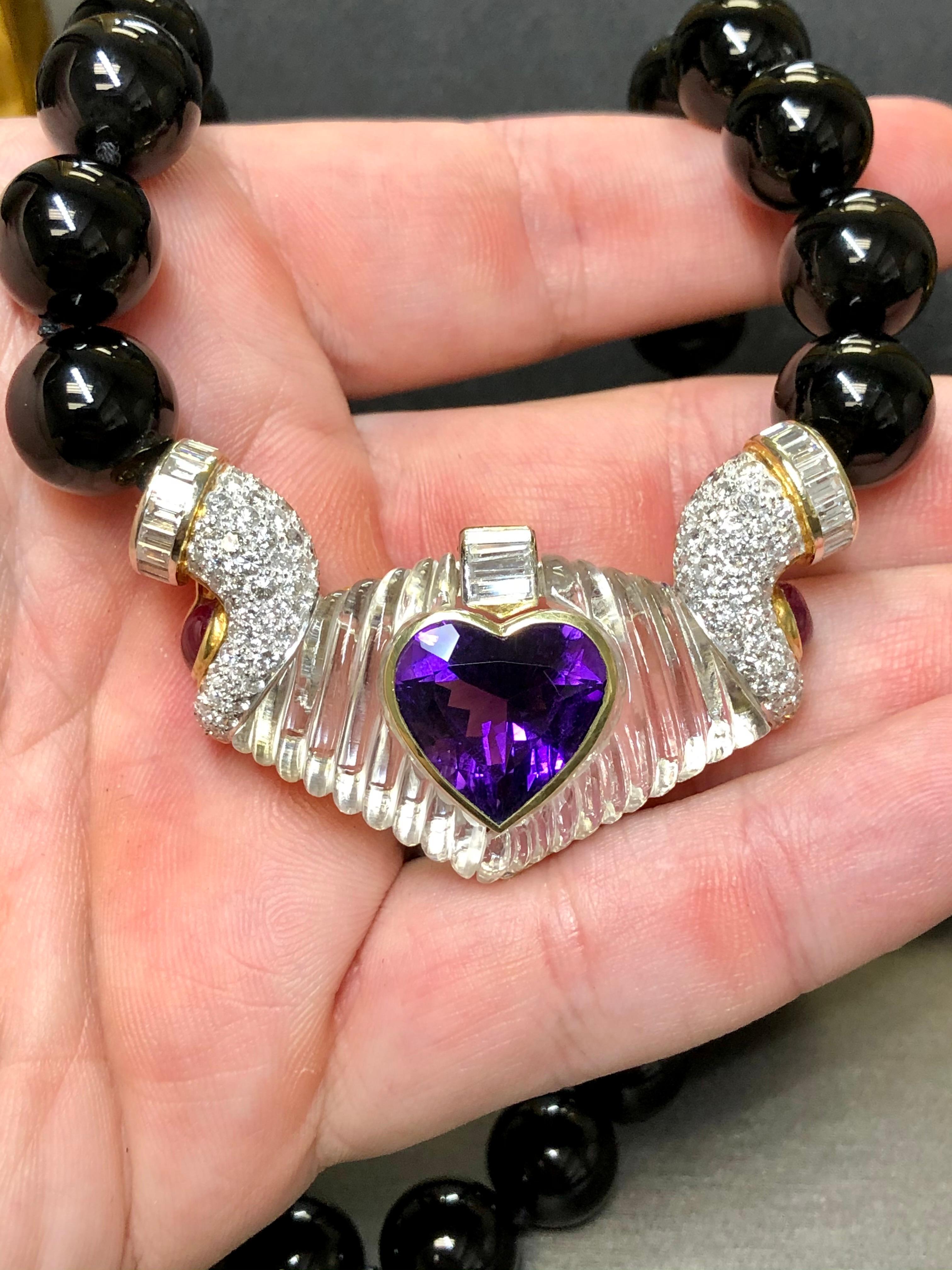 Estate 18K Diamond Rock Crystal Ruby Amethyst Onyx Bead Necklace 19”  20.30cttw For Sale 1