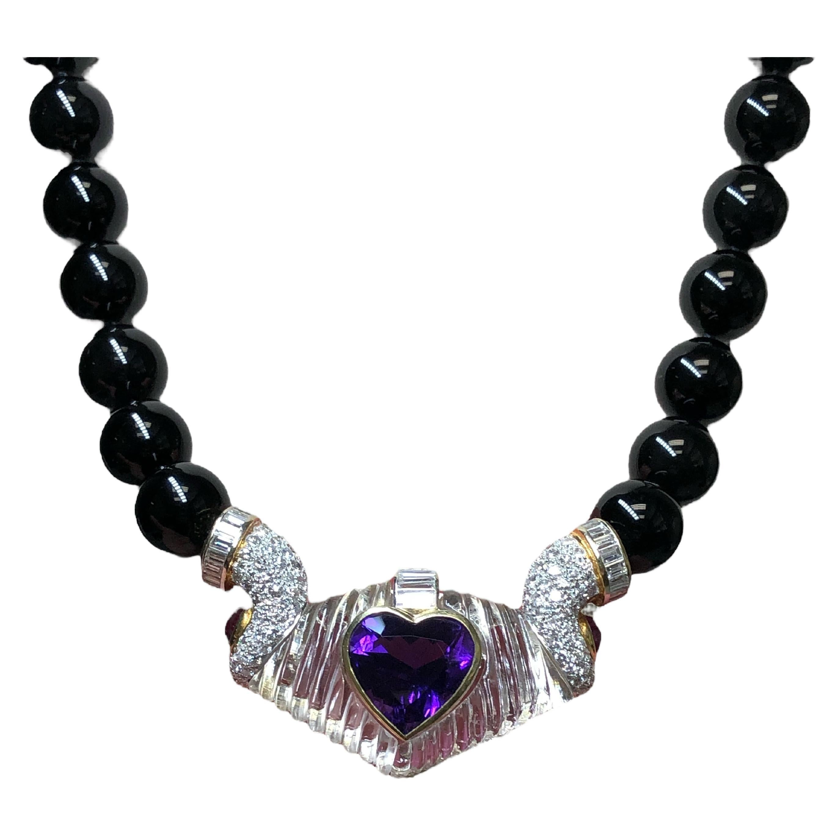 Estate 18K Diamond Rock Crystal Ruby Amethyst Onyx Bead Necklace 19”  20.30cttw