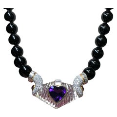 Retro Estate 18K Diamond Rock Crystal Ruby Amethyst Onyx Bead Necklace 19”  20.30cttw