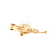 Estate 18k Diamond, Ruby, and Pearl Heron Pin