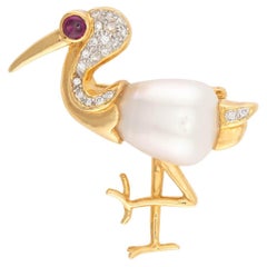 Estate 18k Diamond, Ruby, and Pearl Heron Pin