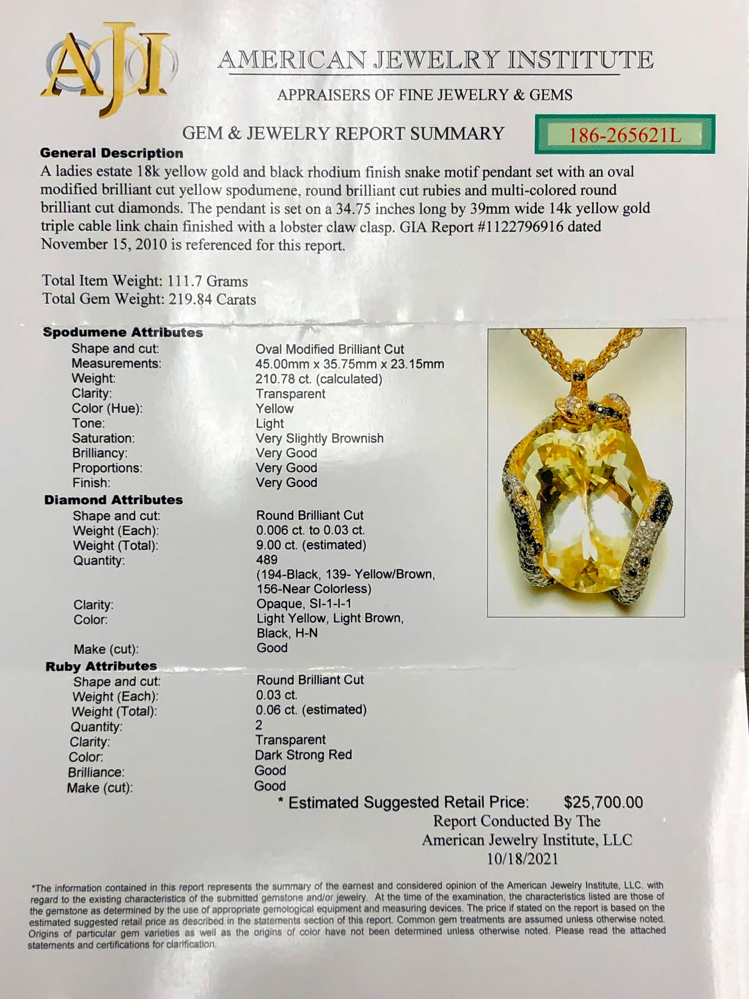 Estate 18K Diamond Ruby Spodumene Serpent Snake Necklace Pendant 219.84cttw GIA For Sale 5