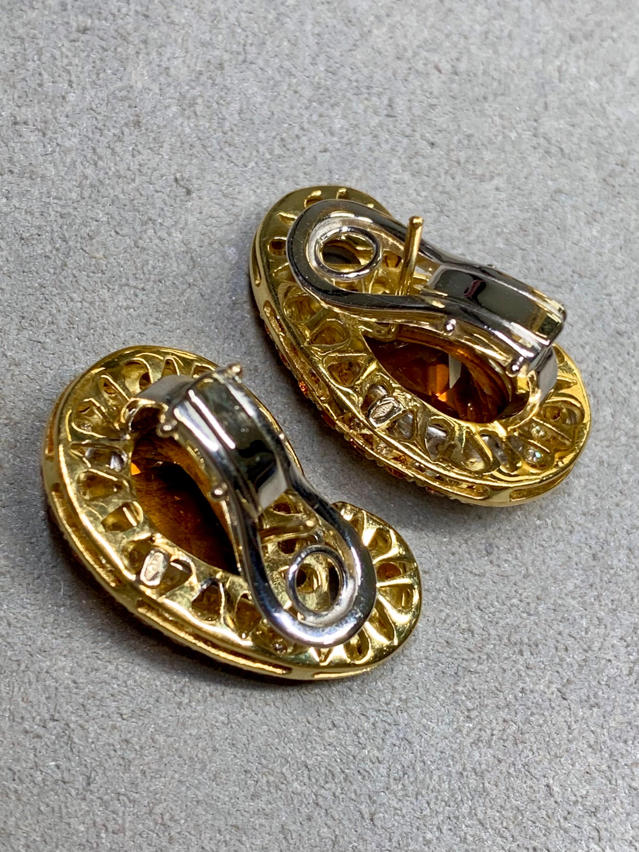 Pear Cut Estate 18K Diamond Sapphire Citrine Paisley Swirl Huggie Omega Back Earrings For Sale
