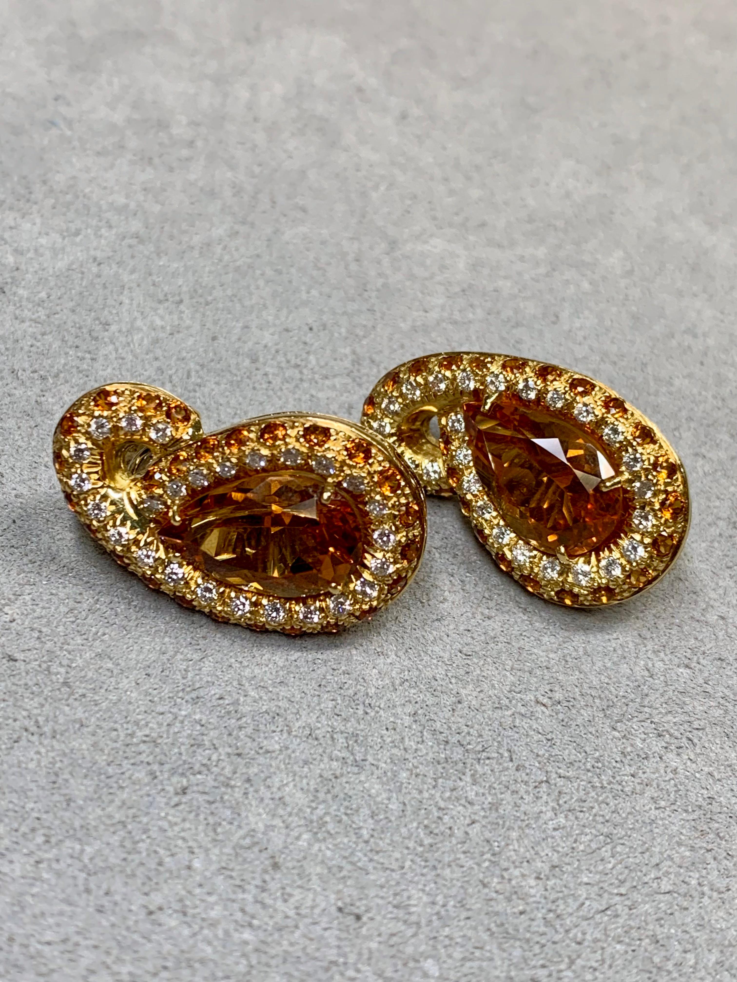 Estate 18K Diamond Sapphire Citrine Paisley Swirl Huggie Omega Back Earrings In Good Condition For Sale In Winter Springs, FL
