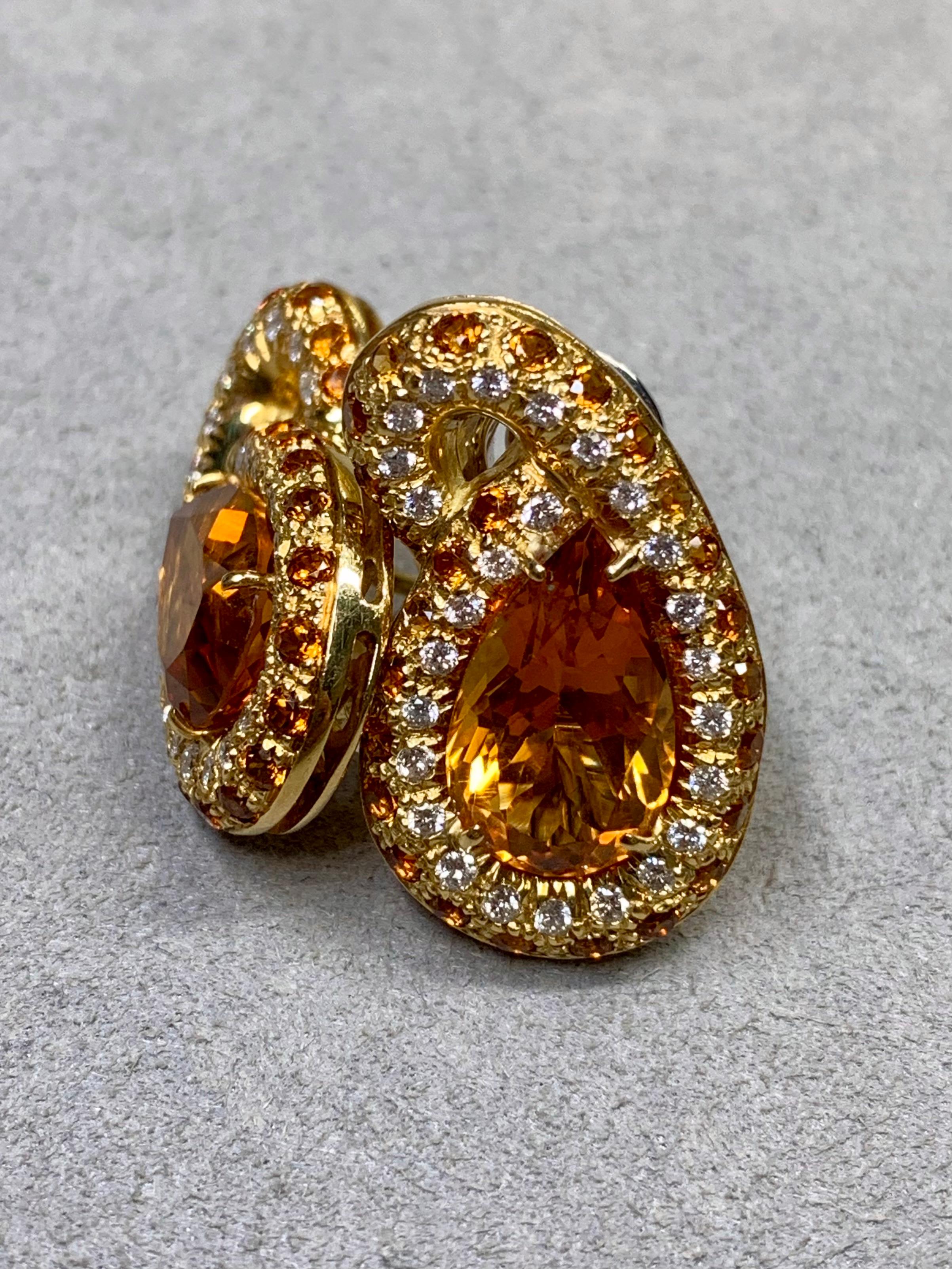 Women's or Men's Estate 18K Diamond Sapphire Citrine Paisley Swirl Huggie Omega Back Earrings For Sale