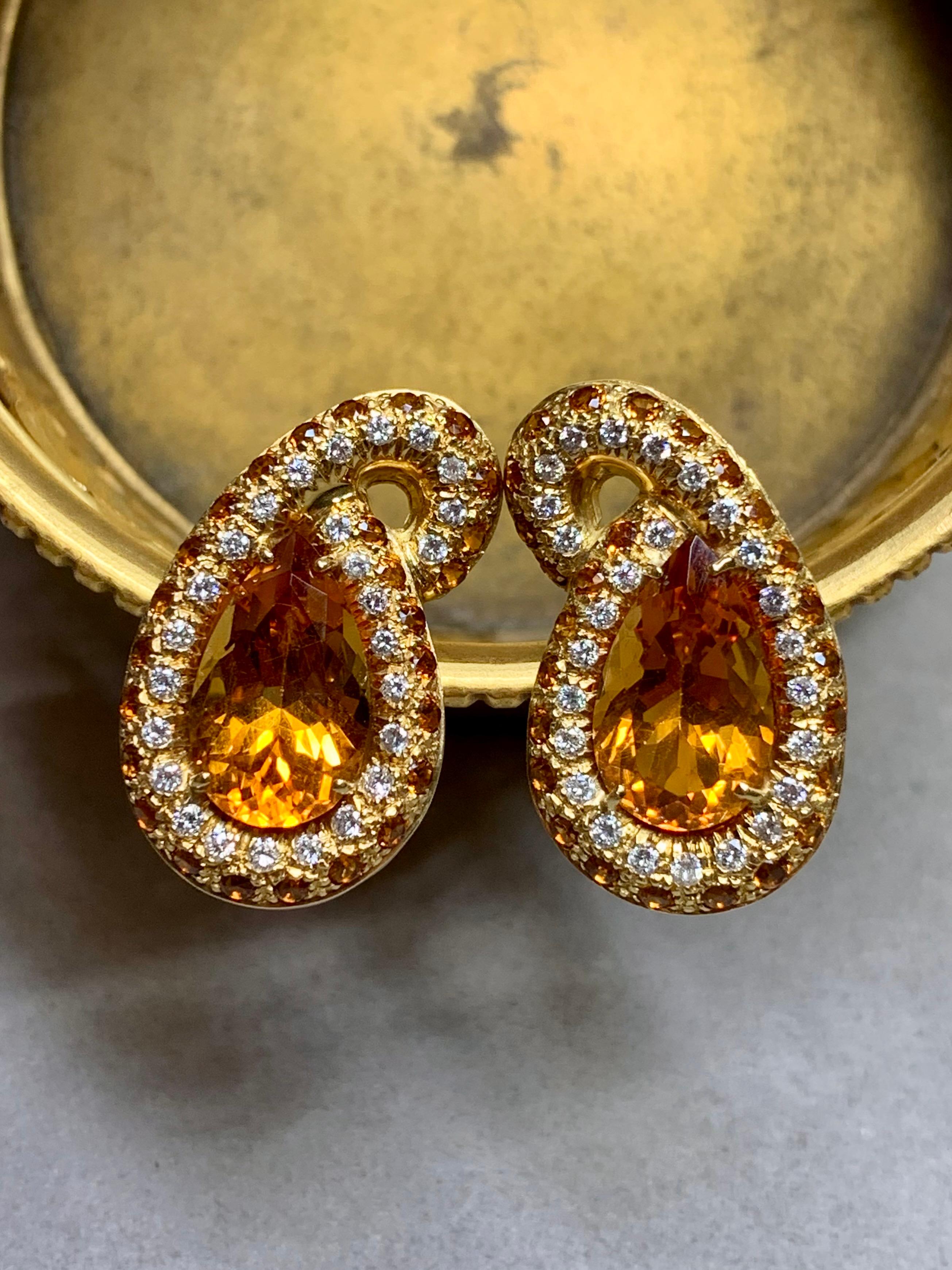 Estate 18K Diamond Sapphire Citrine Paisley Swirl Huggie Omega Back Earrings For Sale 1