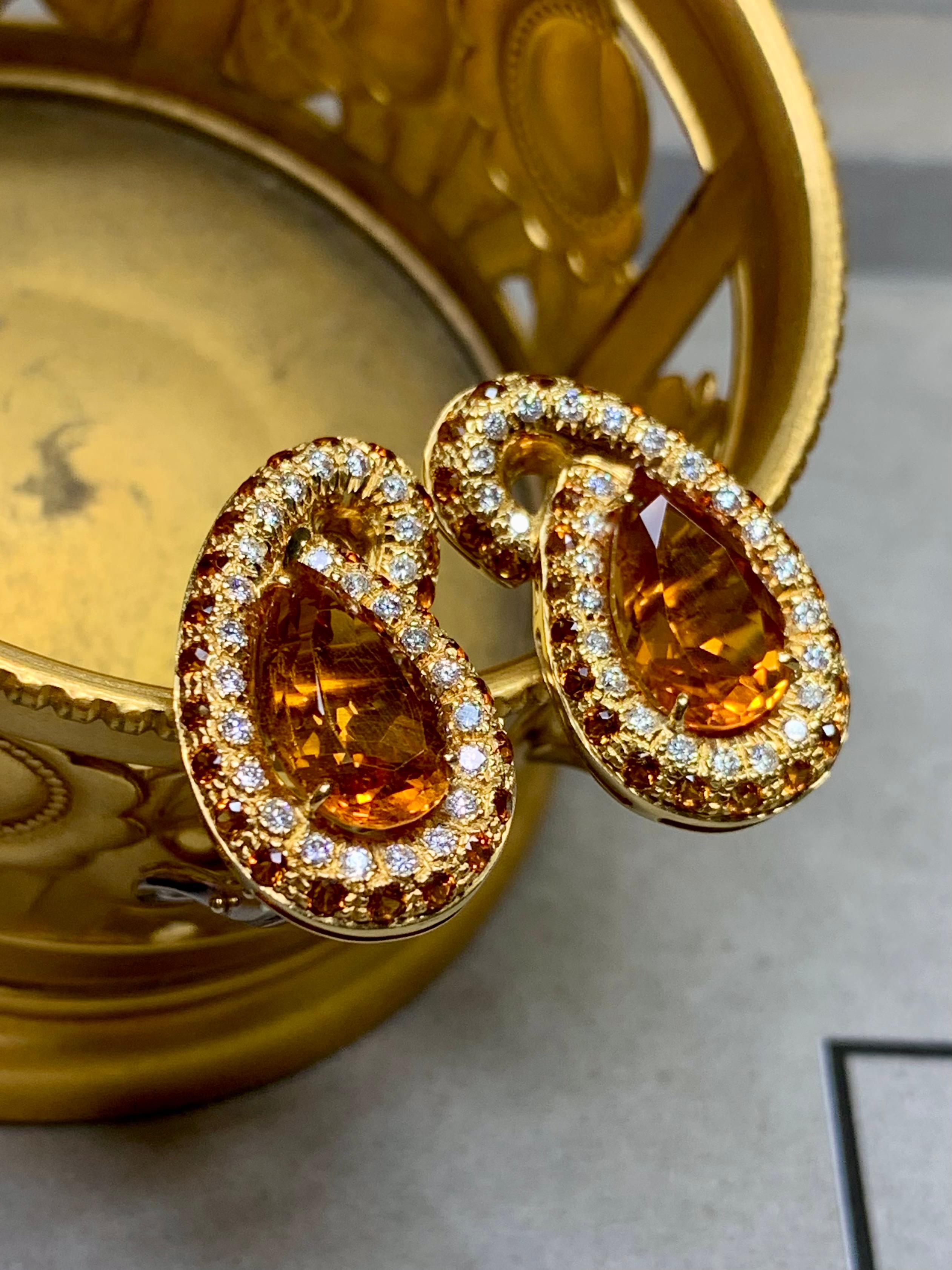Estate 18K Diamond Sapphire Citrine Paisley Swirl Huggie Omega Back Earrings For Sale 2
