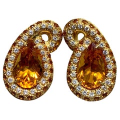 Estate 18K Diamond Sapphire Citrine Paisley Swirl Huggie Omega Back Earrings