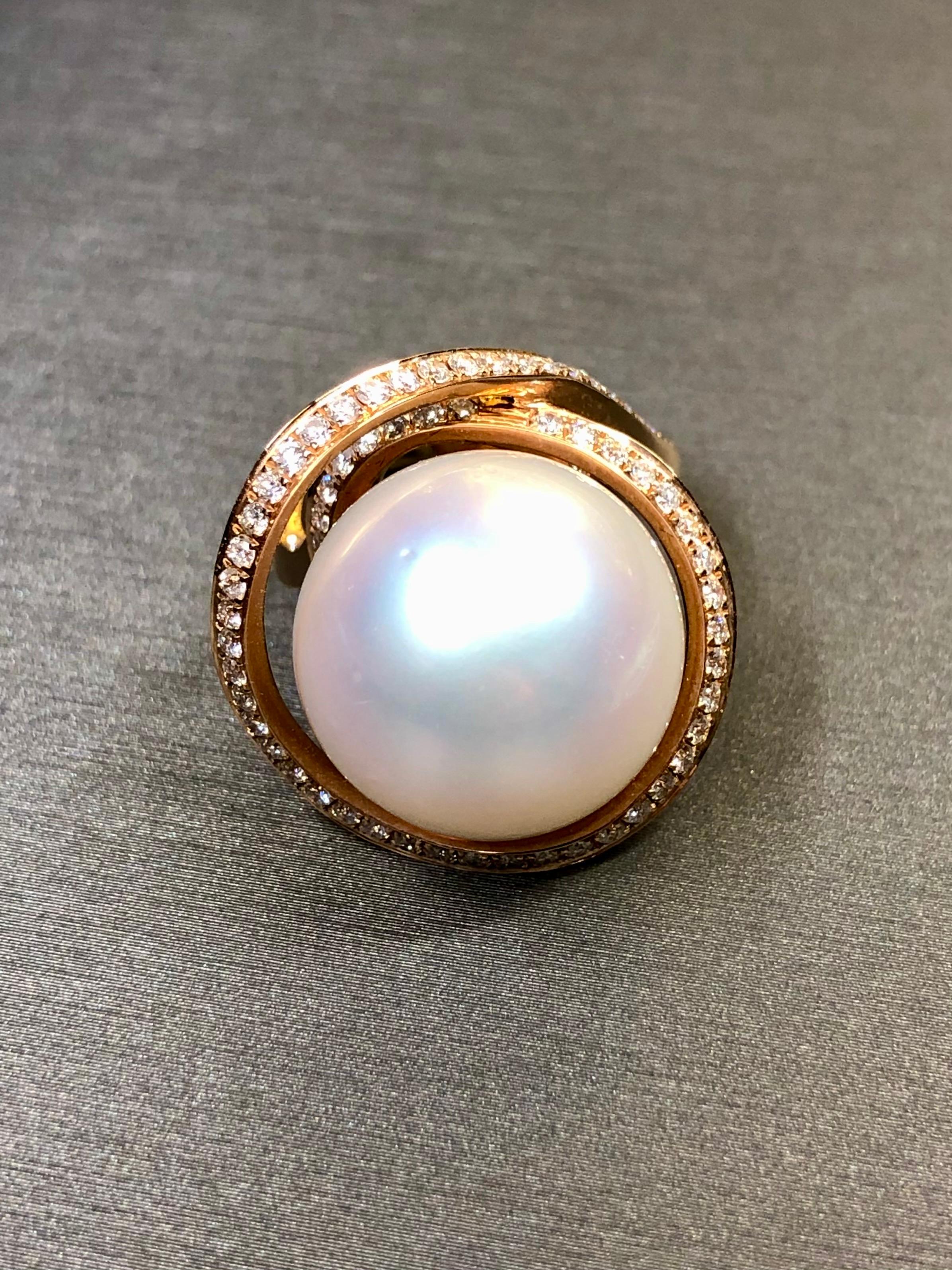 Round Cut Estate 18K Diamond South Sea Pearl Spiral Swirl Freeform Cocktail Ring 16.5mm For Sale