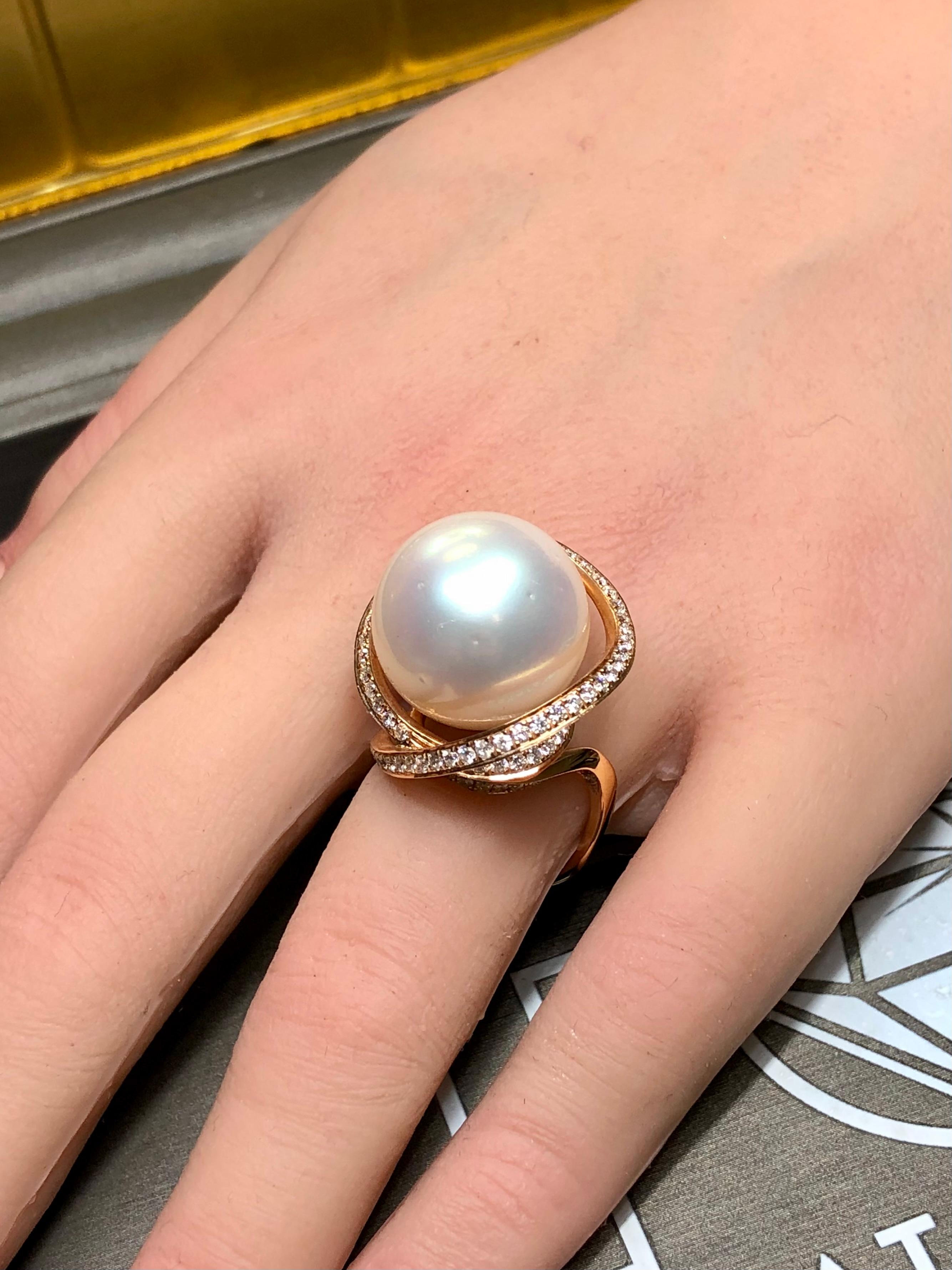 Estate 18K Diamond South Sea Pearl Spiral Swirl Freeform Cocktail Ring 16.5mm For Sale 1