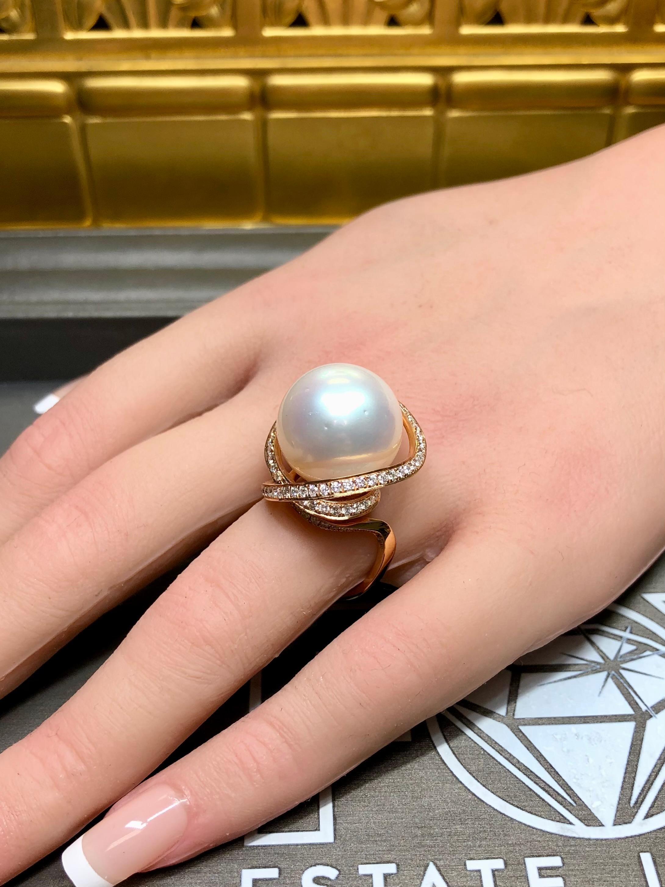 Estate 18K Diamond South Sea Pearl Spiral Swirl Freeform Cocktail Ring 16.5mm For Sale 2