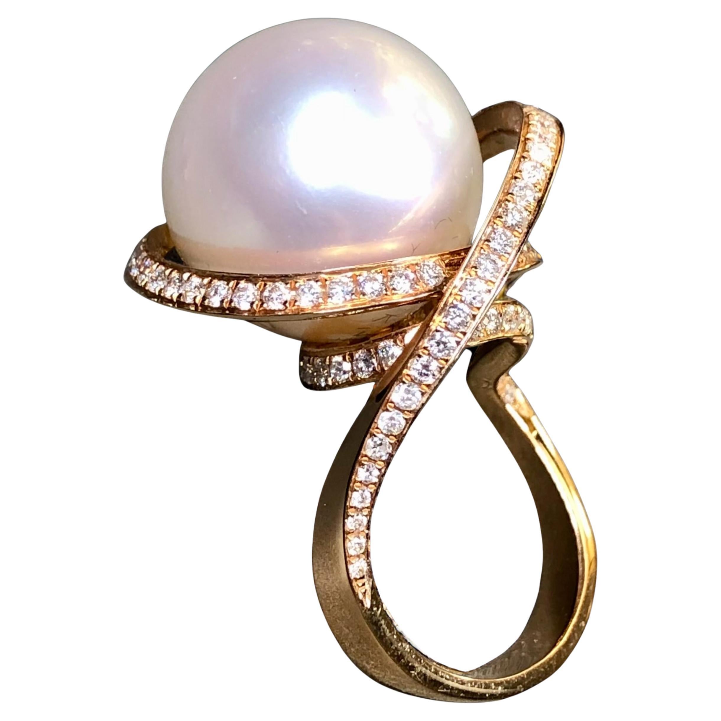 Estate 18K Diamond South Sea Pearl Spiral Swirl Freeform Cocktail Ring 16.5mm
