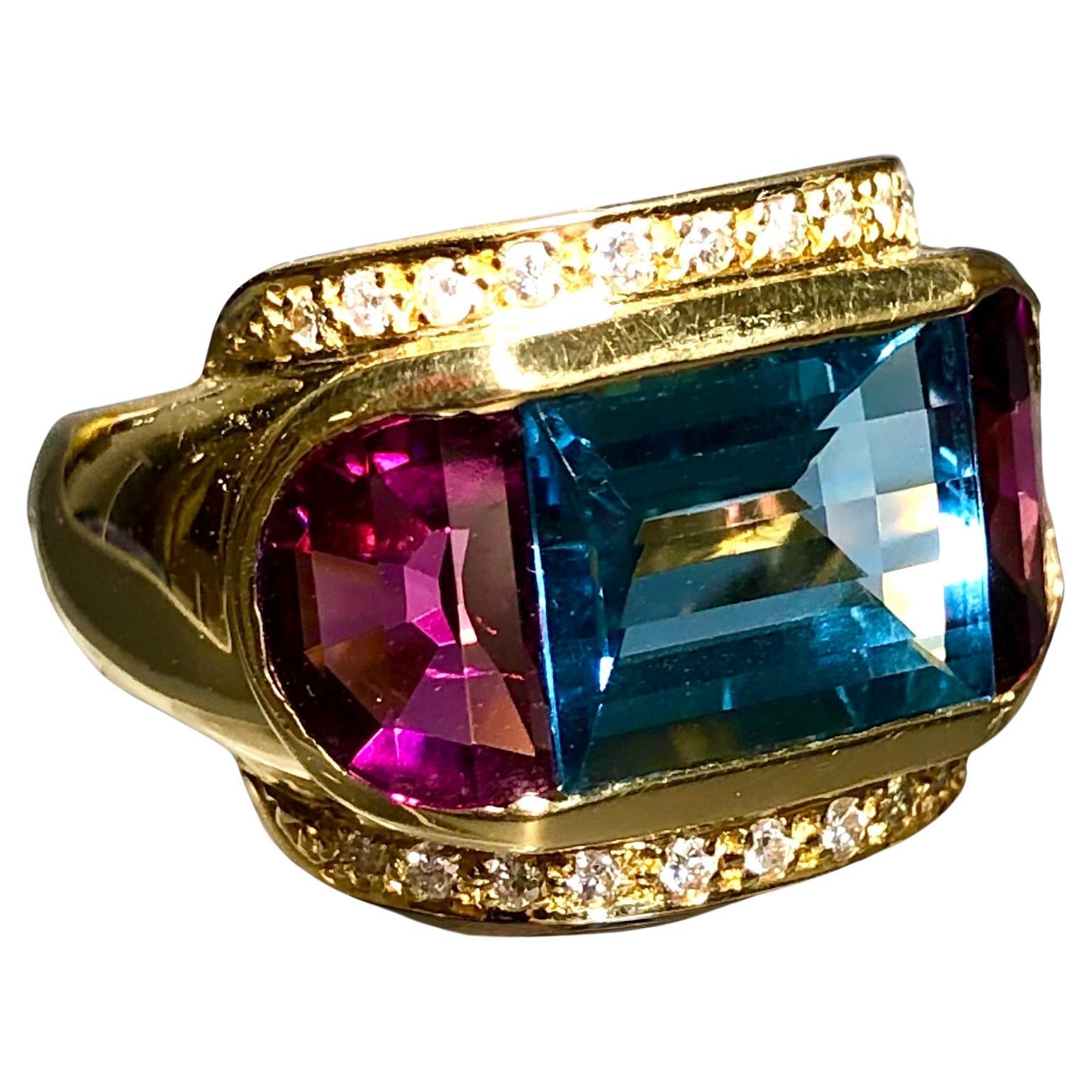 Estate 18K Diamond Topaz + Rhodolite Garnet Three Stone Fancy Cut Cocktail Ring  For Sale