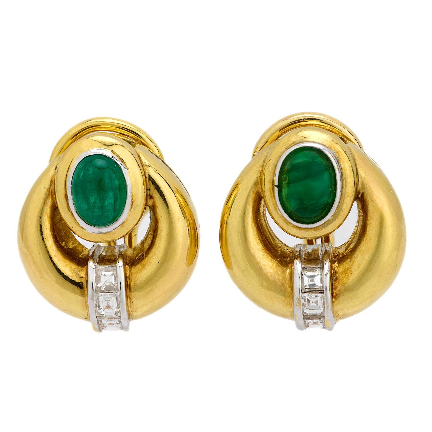 Cabochon Estate 18k Emerald and Diamond Earrings For Sale