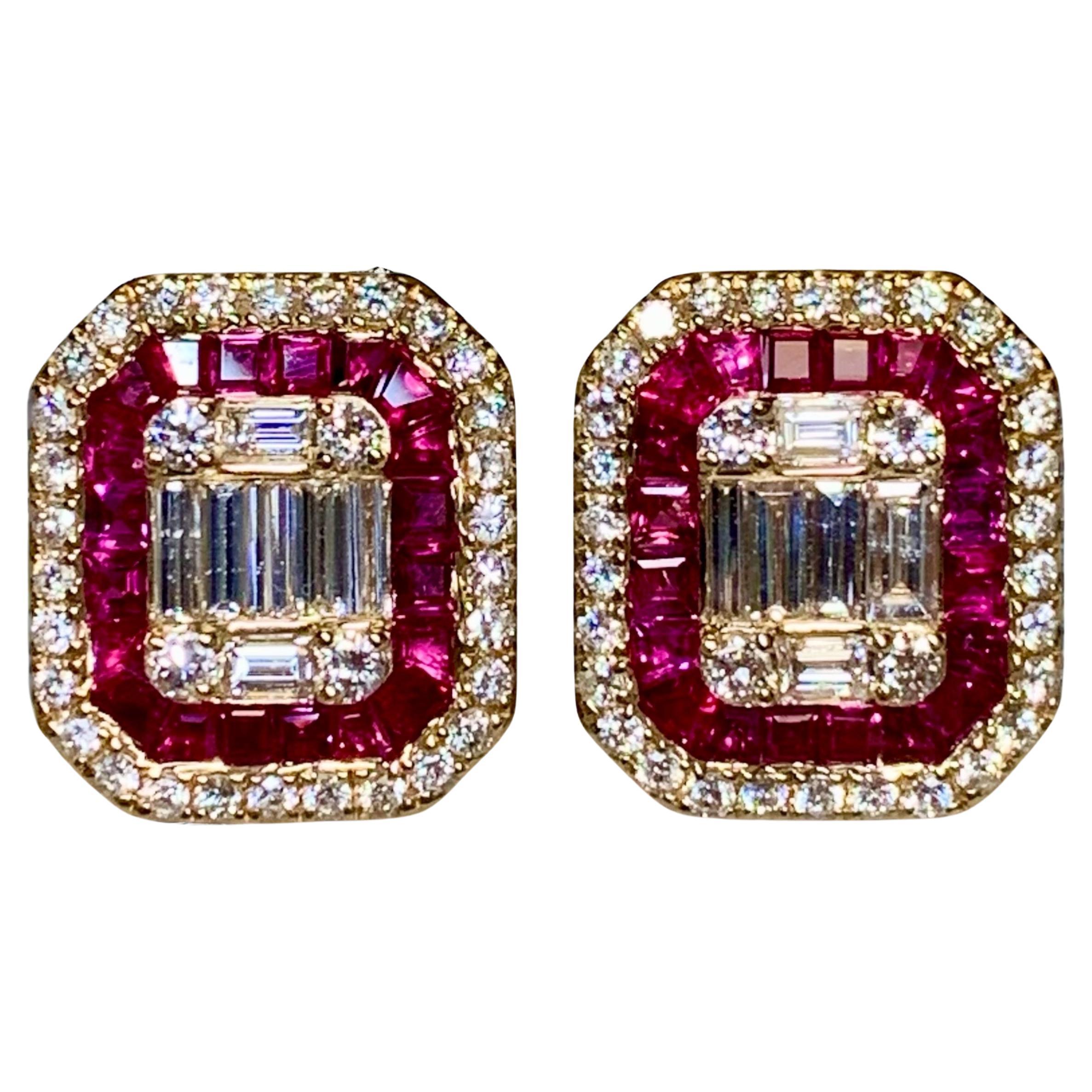Estate 18K Smaragd Schliff Baguette Diamant Rubin Cluster Ohrstecker 7ctw im Angebot