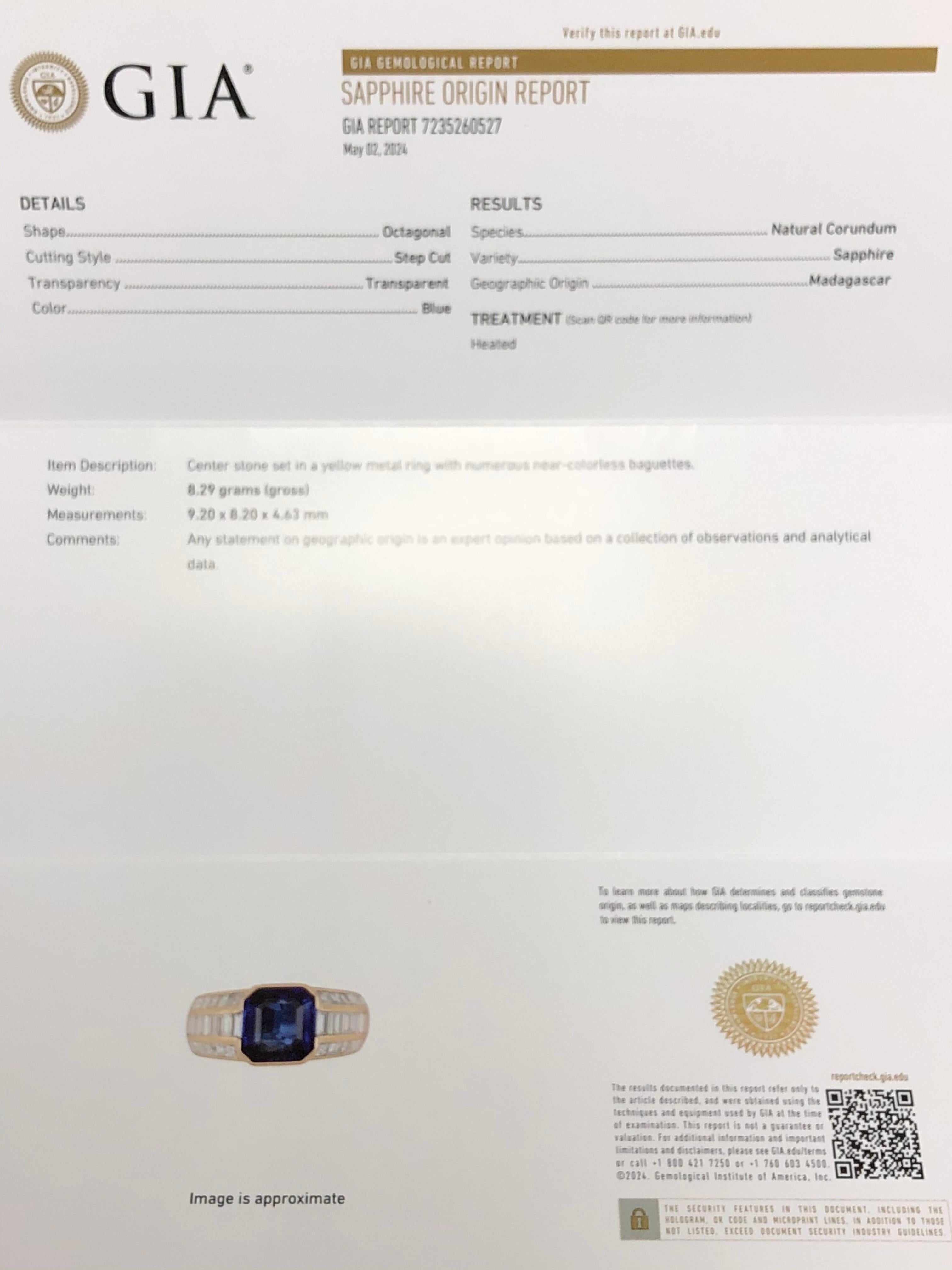 Nachlass 18K Smaragdschliff Saphir Baguette Diamant Cocktail-Ring GIA 6,30cttw Gr. 7 im Angebot 7