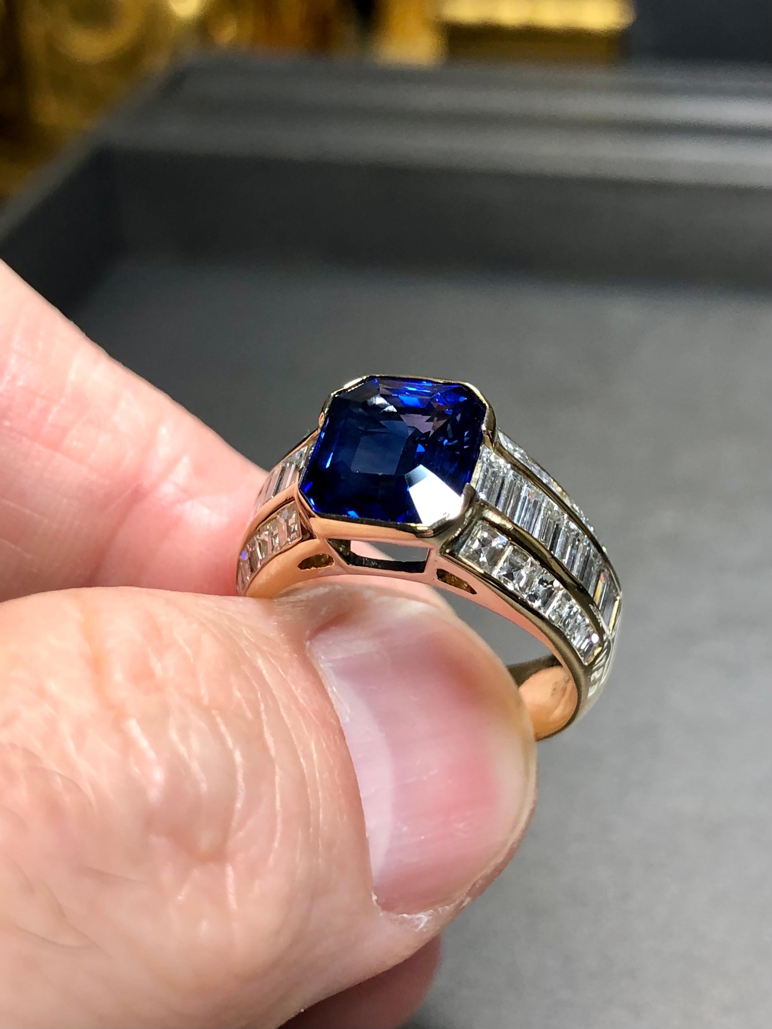 Contemporary Estate 18K Emerald Cut Sapphire Baguette Diamond Cocktail Ring GIA 6.30cttw Sz 7 For Sale