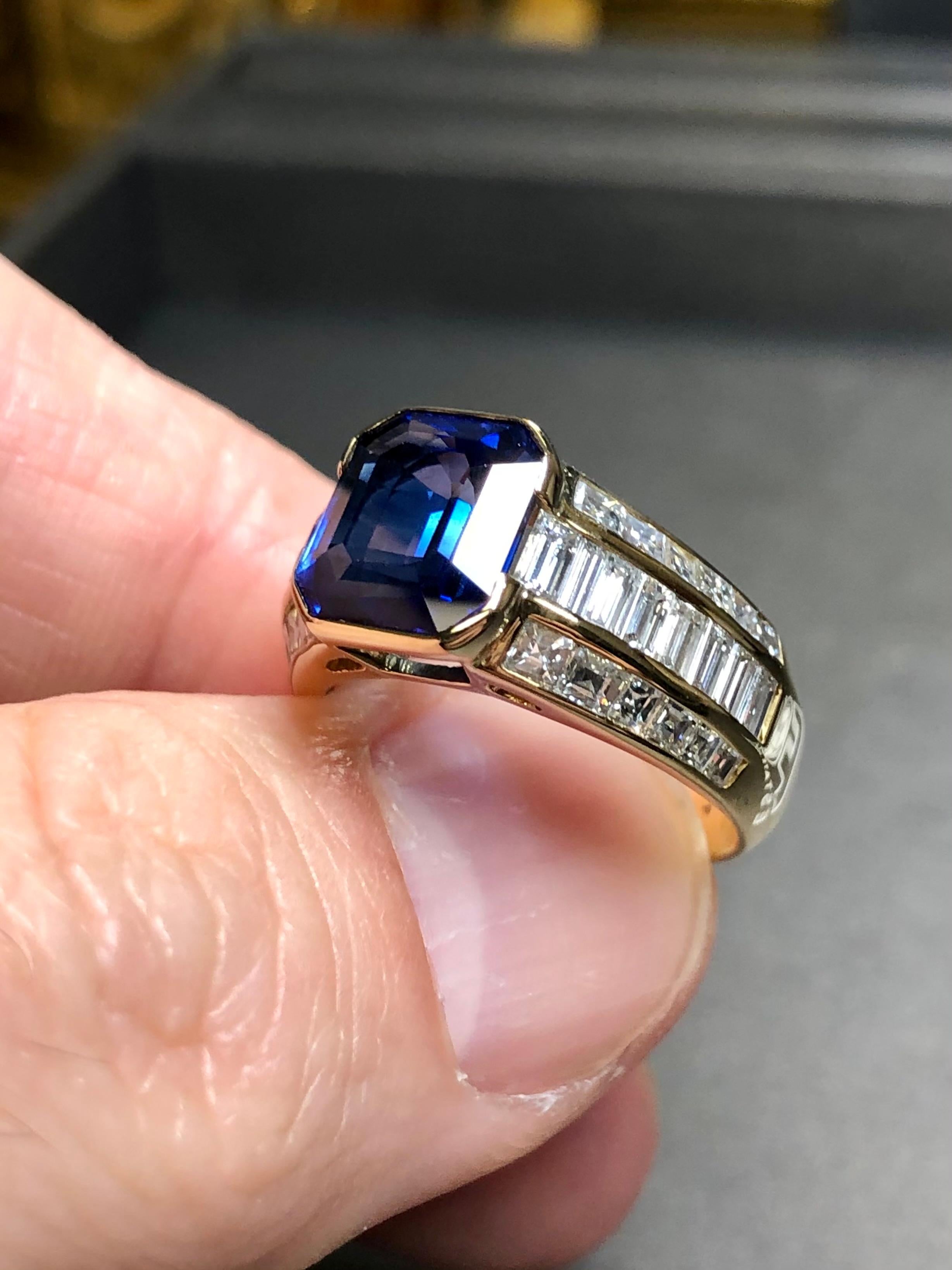 Estate 18K Emerald Cut Sapphire Baguette Diamond Cocktail Ring GIA 6.30cttw Sz 7 In Excellent Condition For Sale In Winter Springs, FL