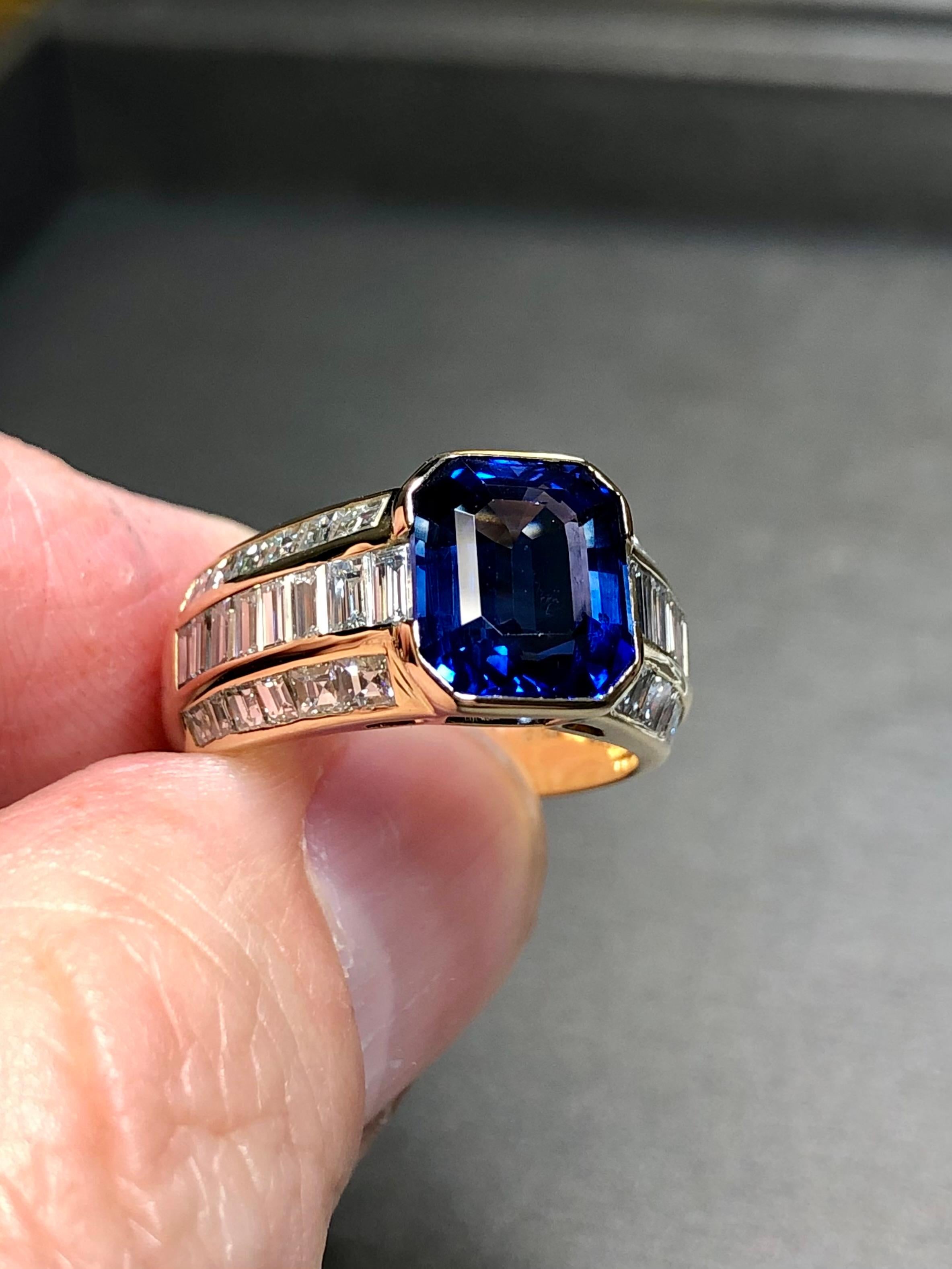 Estate 18K Emerald Cut Sapphire Baguette Diamond Cocktail Ring GIA 6.30cttw Sz 7 For Sale 1