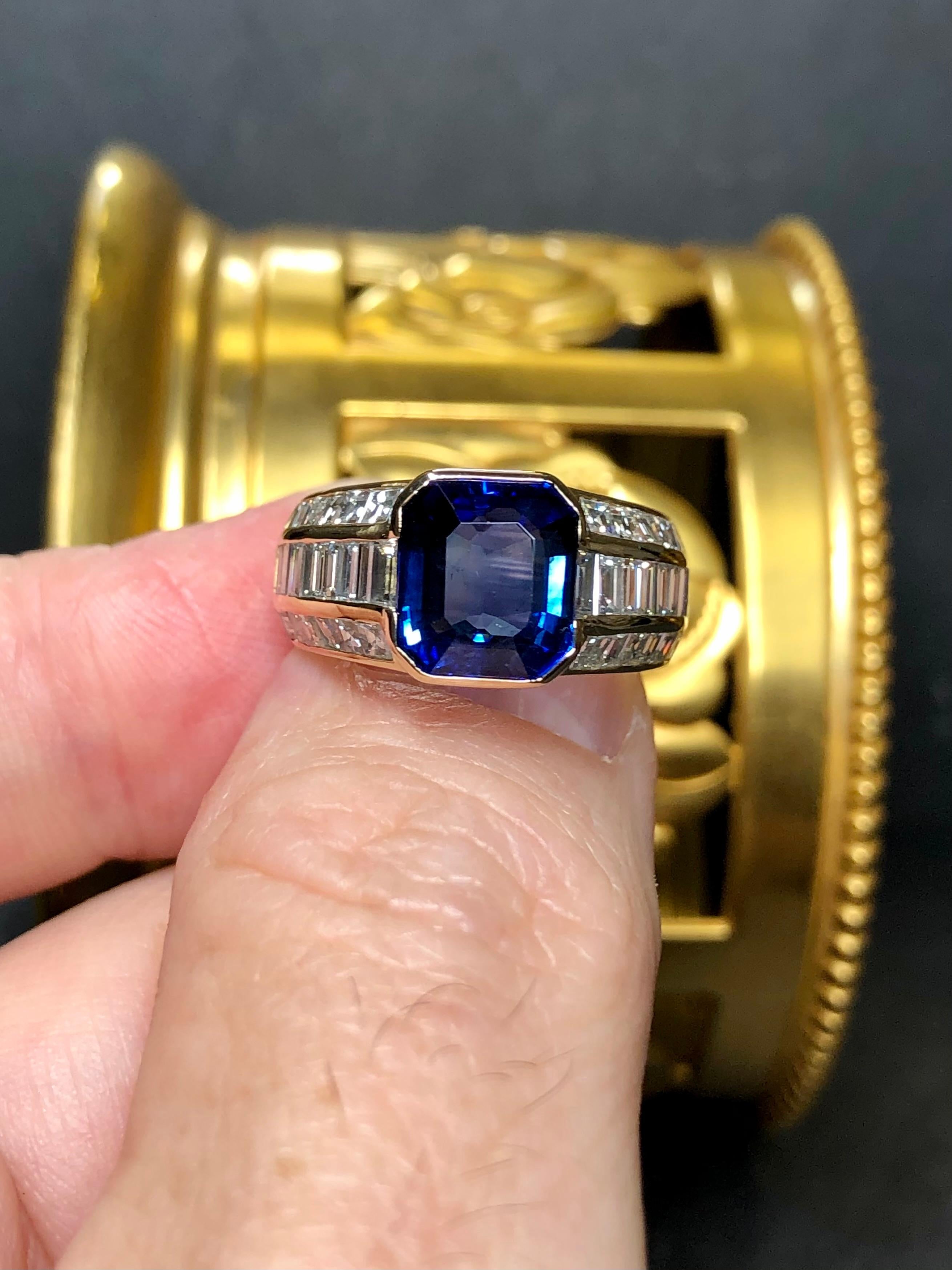 Estate 18K Emerald Cut Sapphire Baguette Diamond Cocktail Ring GIA 6.30cttw Sz 7 For Sale 2