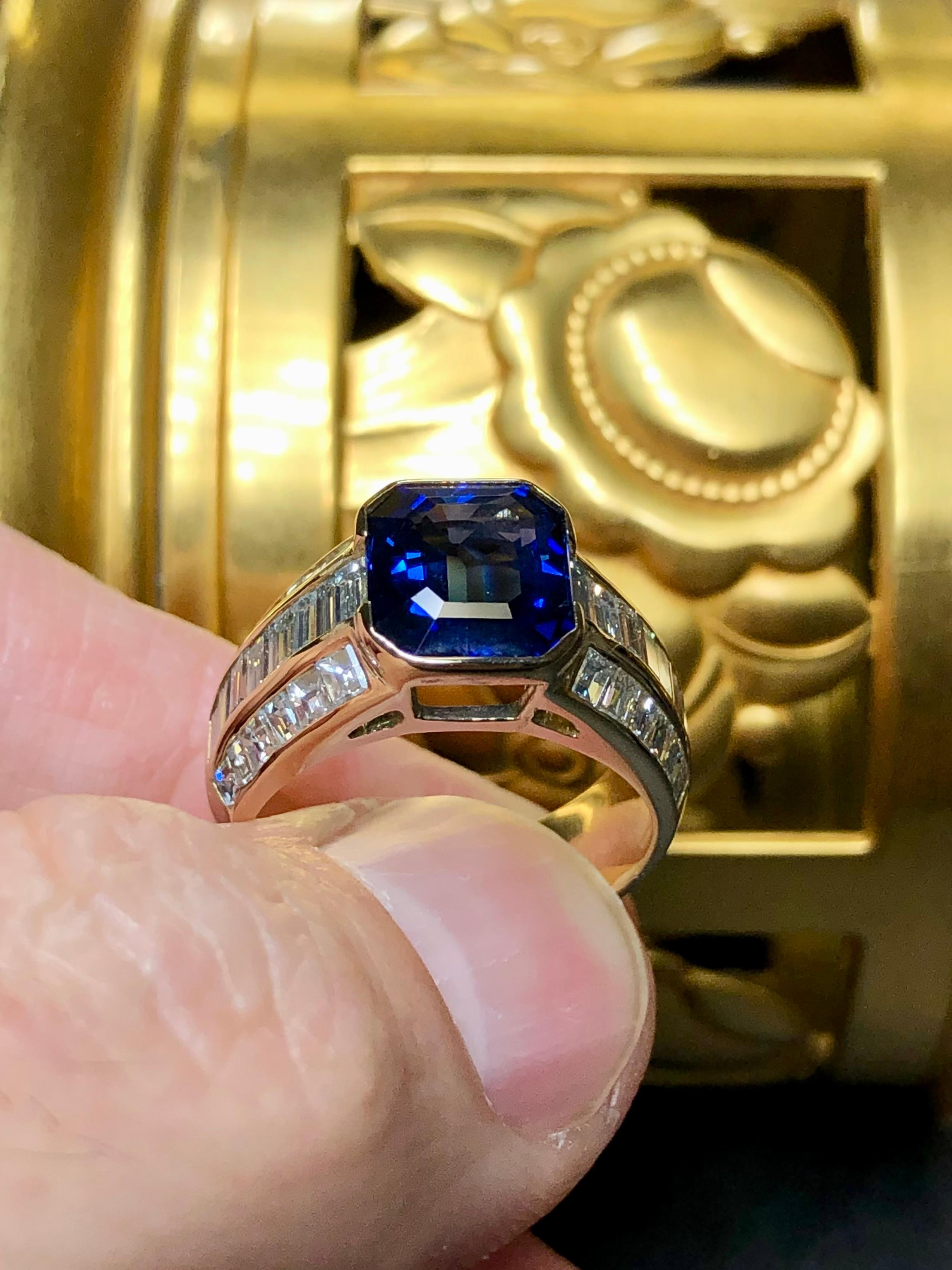 Estate 18K Emerald Cut Sapphire Baguette Diamond Cocktail Ring GIA 6.30cttw Sz 7 For Sale 3