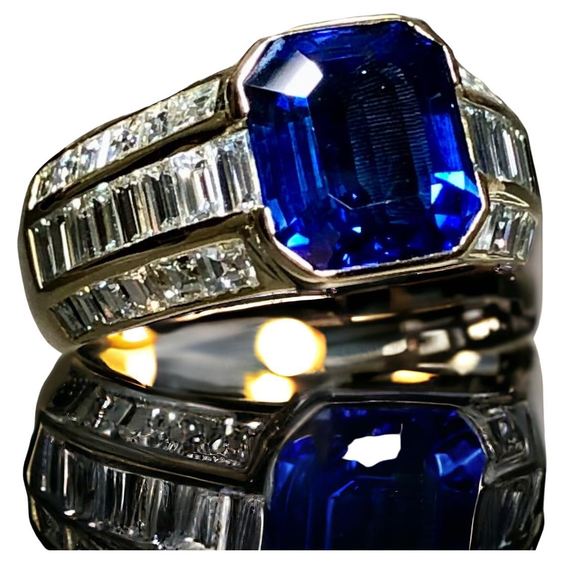 Estate 18K Emerald Cut Sapphire Baguette Diamond Cocktail Ring GIA 6.30cttw Sz 7 For Sale