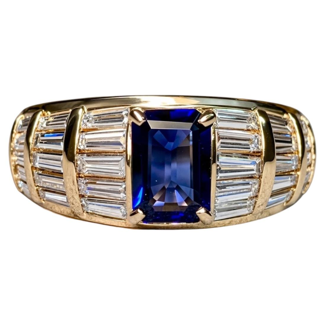 Estate 18K Emerald Cut Sapphire Tapered Baguette Diamond Cocktail Ring 4.60ctw