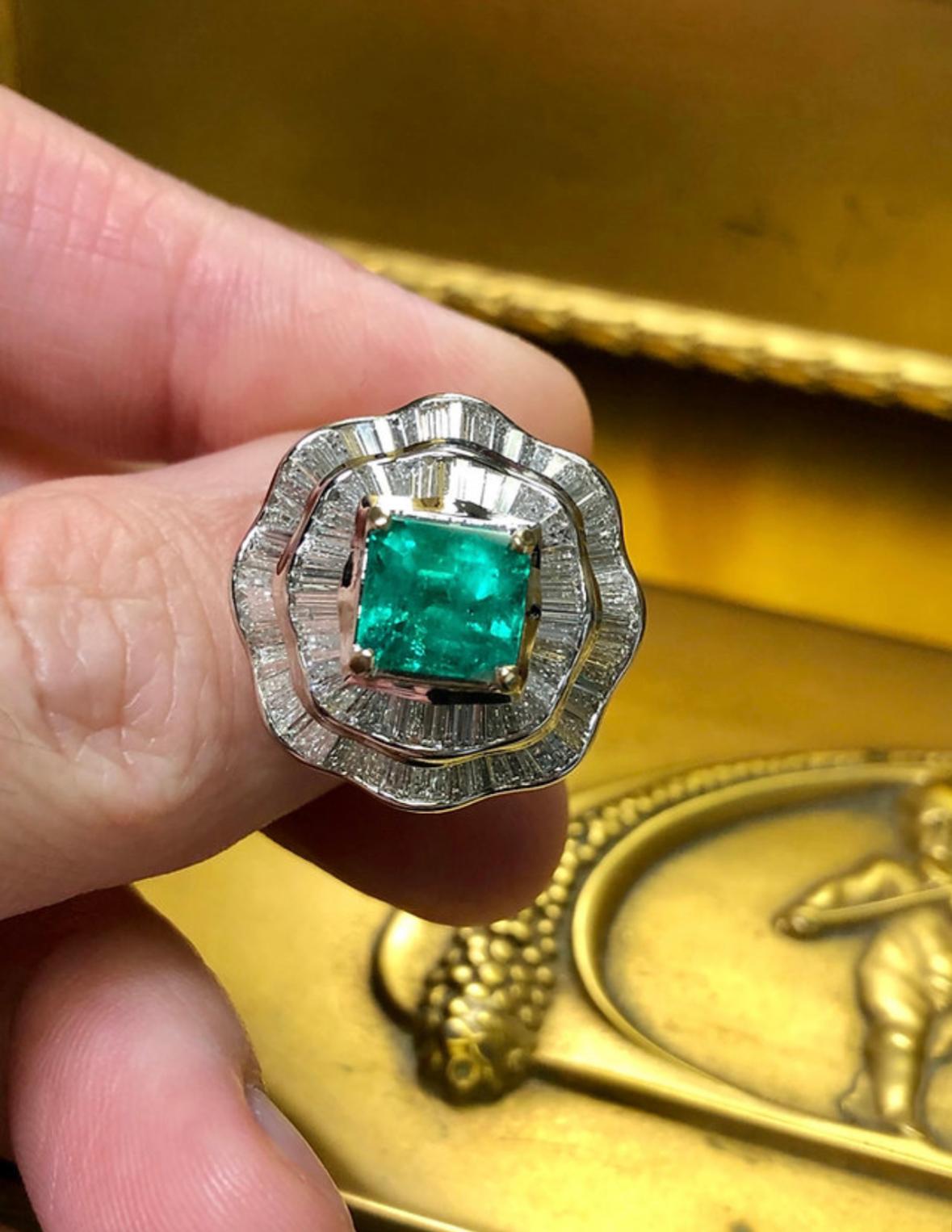 Emerald Cut Estate 18K Emerald Diamond Cocktail Ballerina Ring 7.26cttw Sz 7 For Sale
