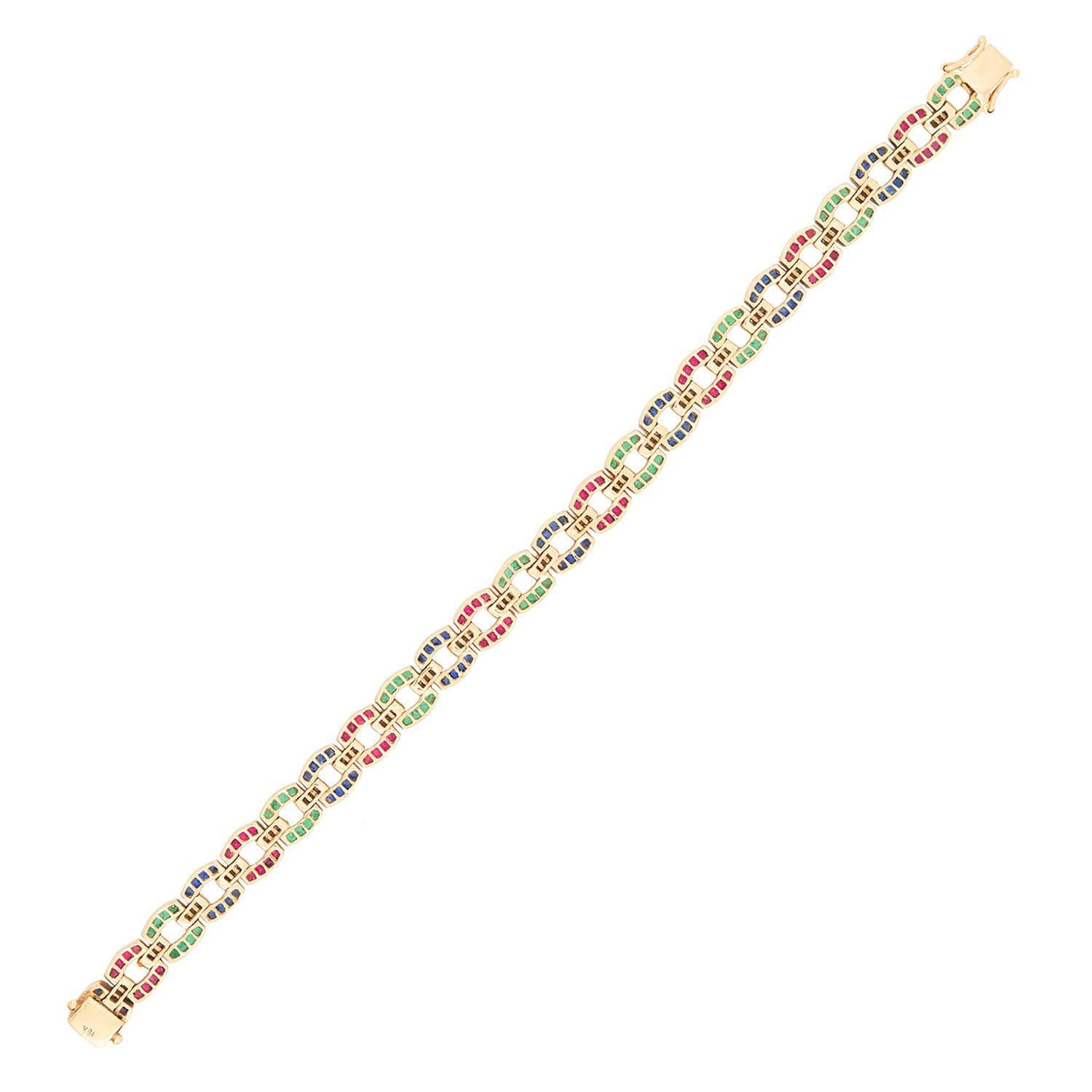 Moderne Estate 18k Emerald, Ruby, Sapphire, and Diamond Line Bracelet en vente