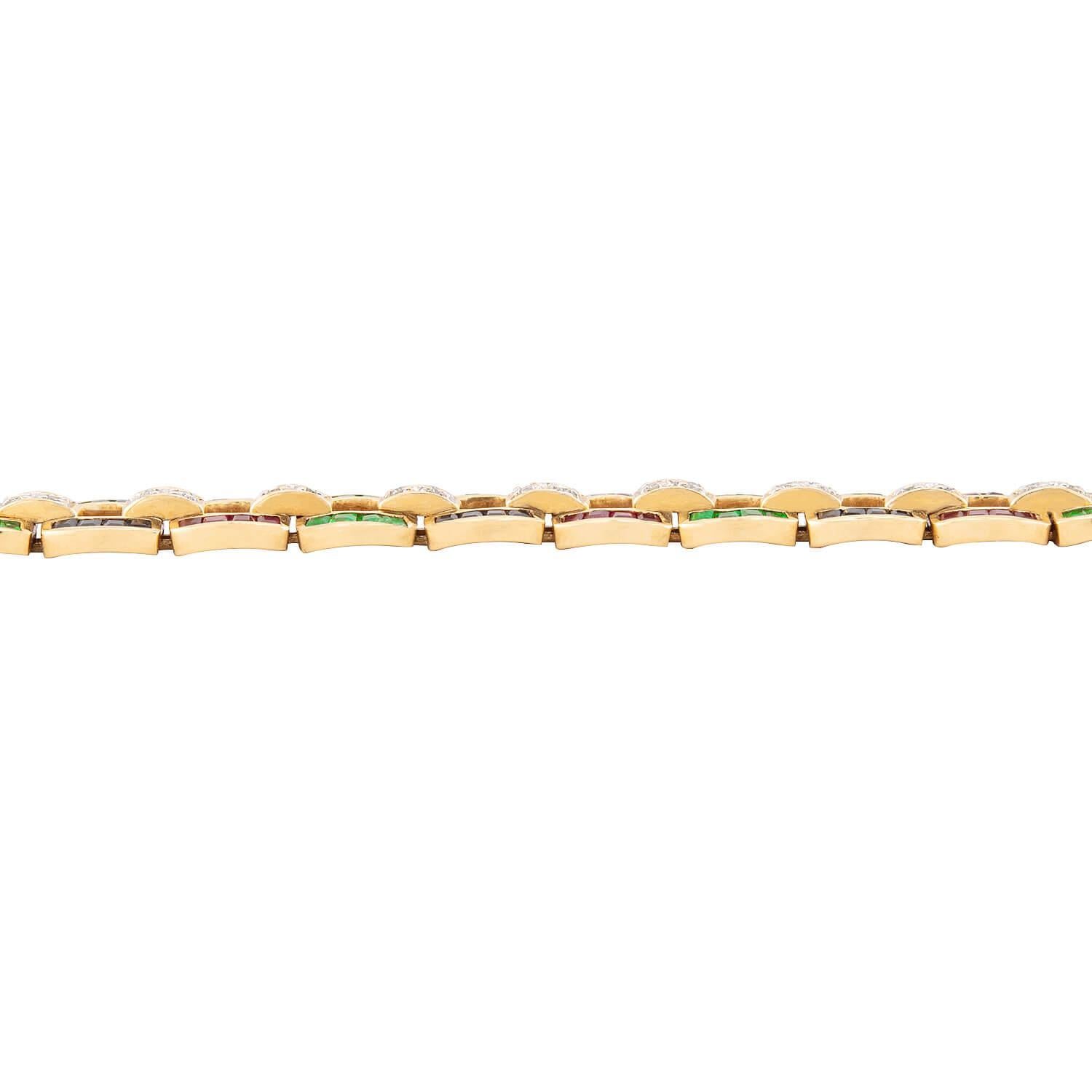 Taille carrée Estate 18k Emerald, Ruby, Sapphire, and Diamond Line Bracelet en vente