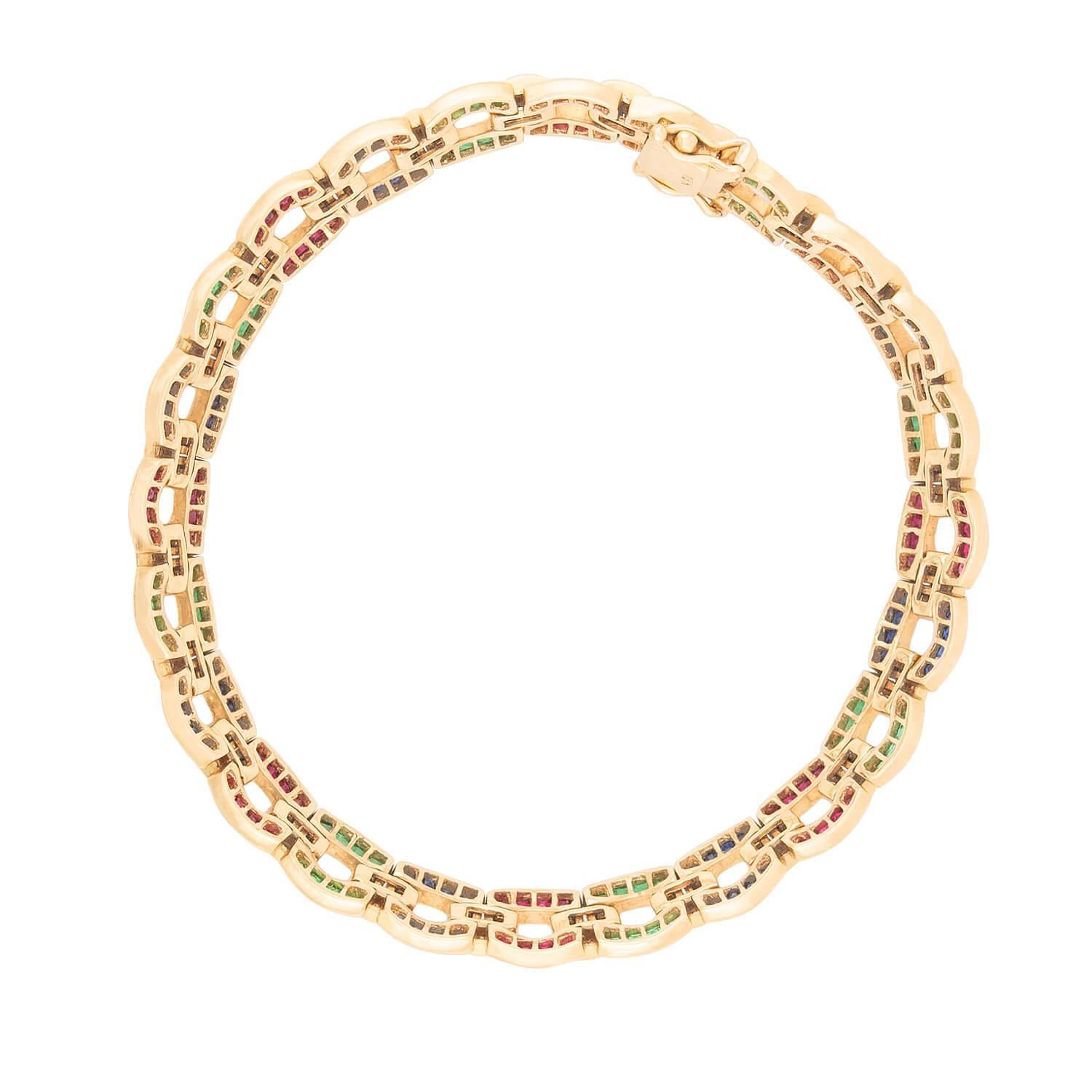 Estate 18k Emerald, Ruby, Sapphire, and Diamond Line Bracelet Bon état - En vente à Narberth, PA