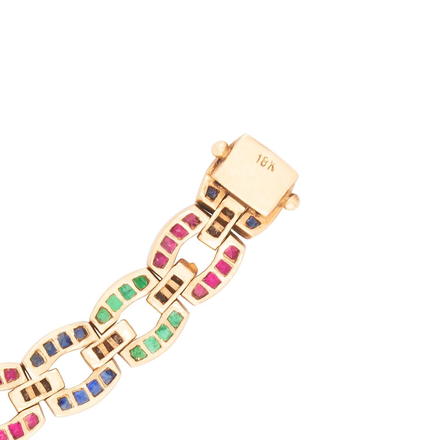 Estate 18k Emerald, Ruby, Sapphire, and Diamond Line Bracelet Unisexe en vente