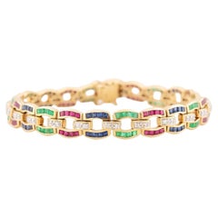 Estate 18k Emerald, Ruby, Sapphire, and Diamond Line Bracelet