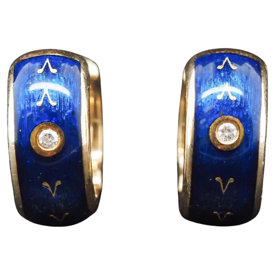 Estate 18K Faberge Enamel and Diamond Hoop Hug Earrings - VHK#244a