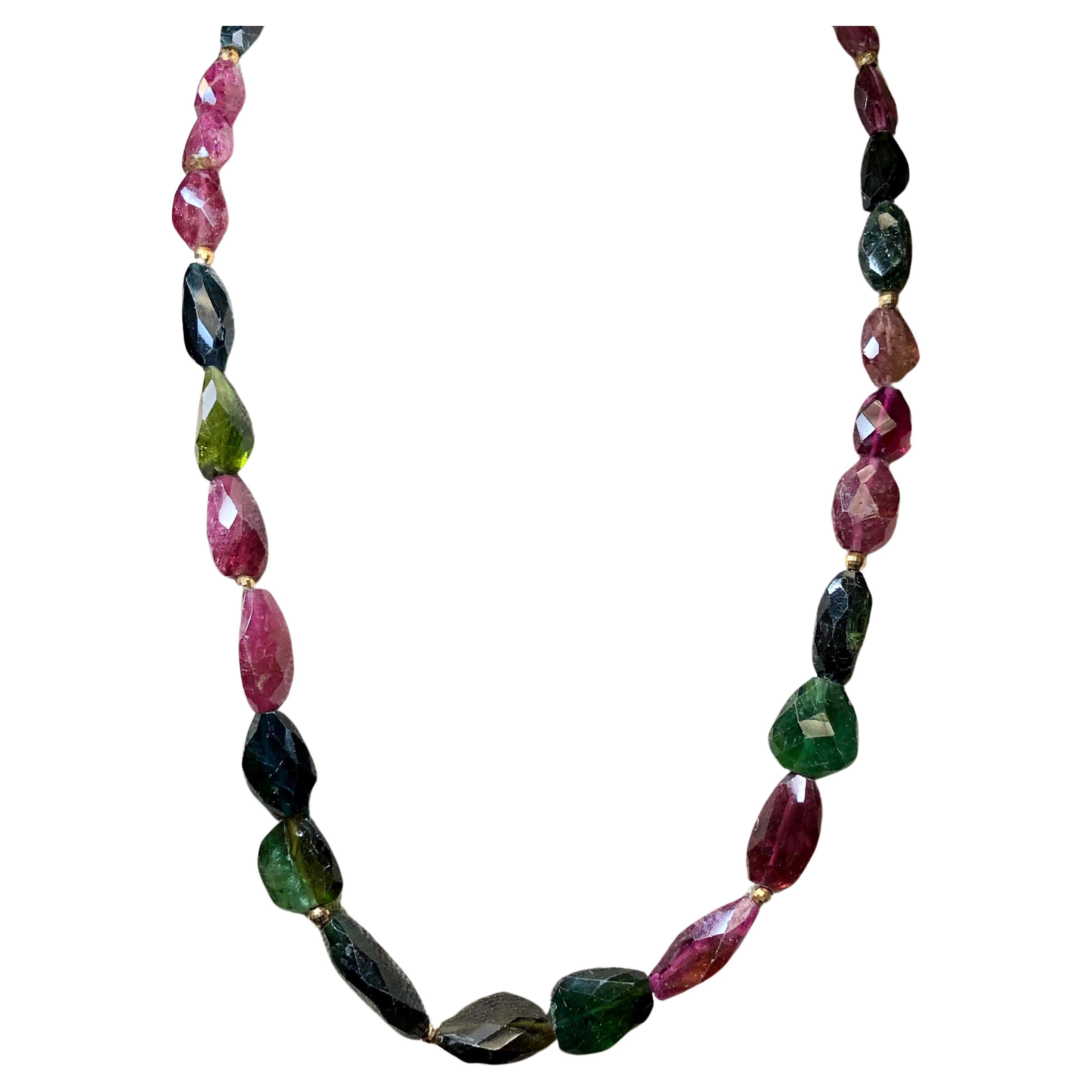 Estate 18K Faceted Green Pink Watermelon Tourmaline Bead Necklace 19.5” 280cttw