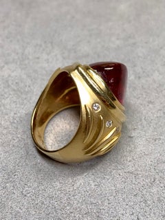 Estate 18K Fancy Cabochon Cut Rubellite Tourmaline Diamond Dome Cocktail Ring