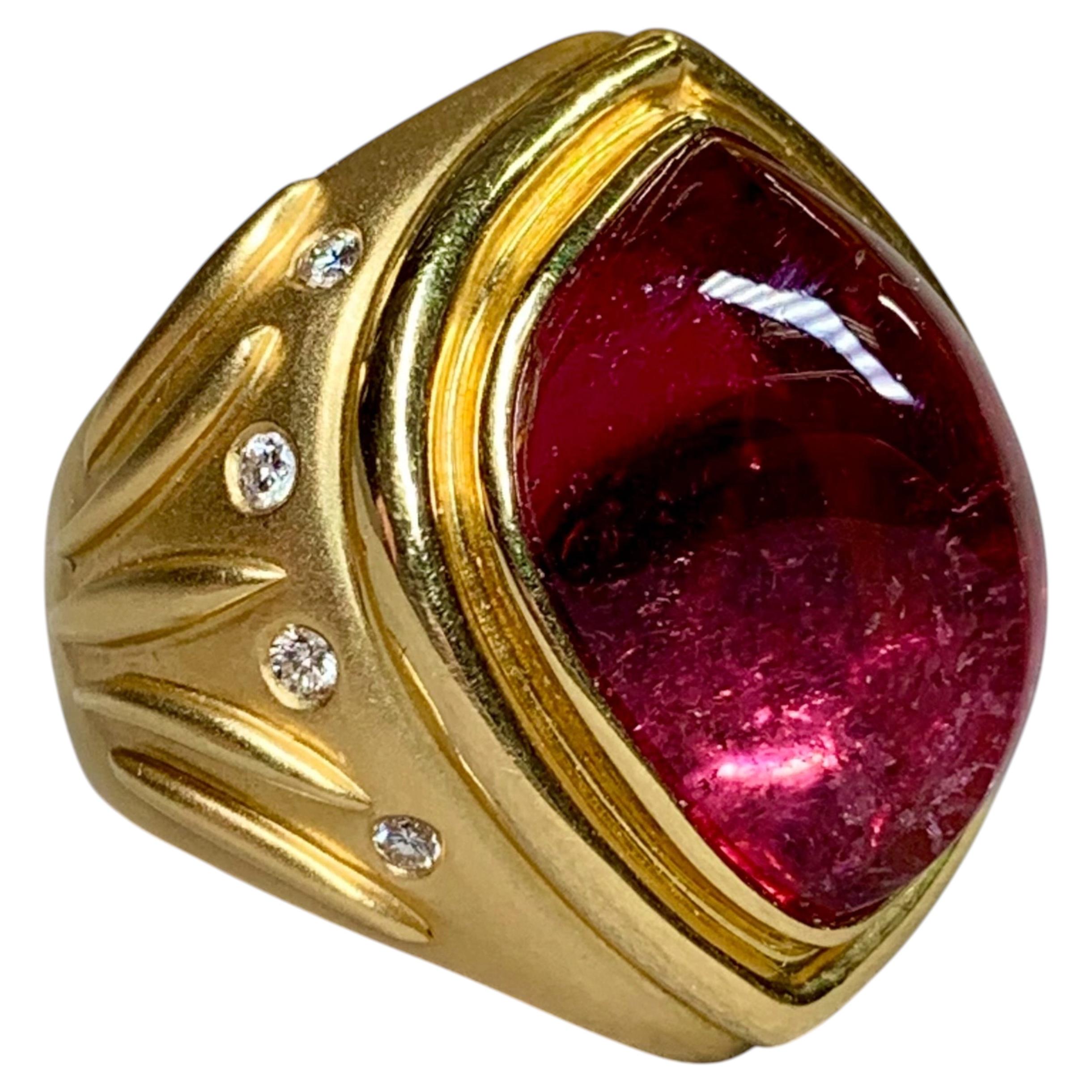 Estate 18K Fancy Cabochon Cut Rubellite Tourmaline Diamond Dome Cocktail Ring