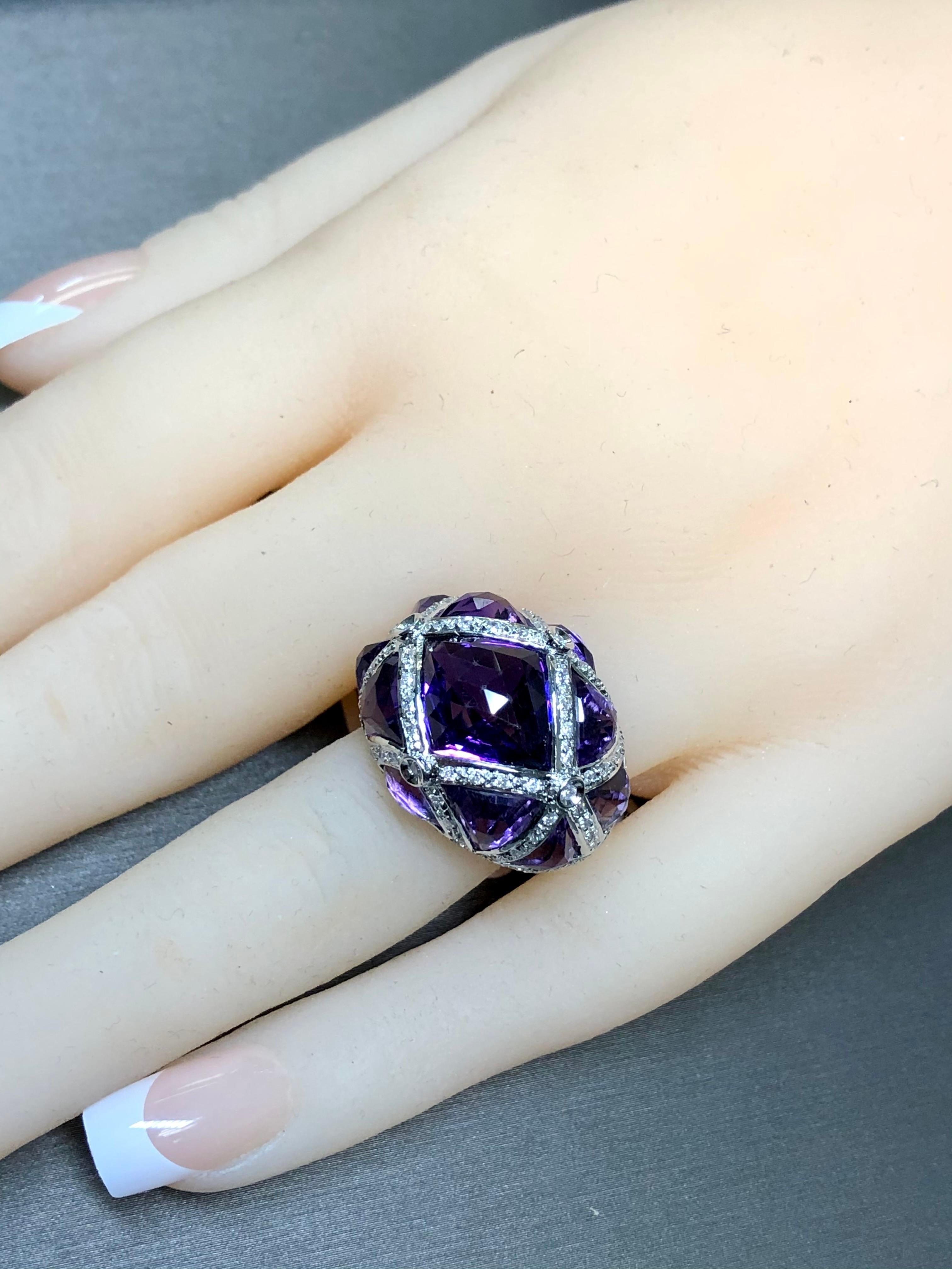 Estate 18K Fancy Cut Amethyst Diamond Bombe Style Cocktail Dome Ring 12.84cttw 5